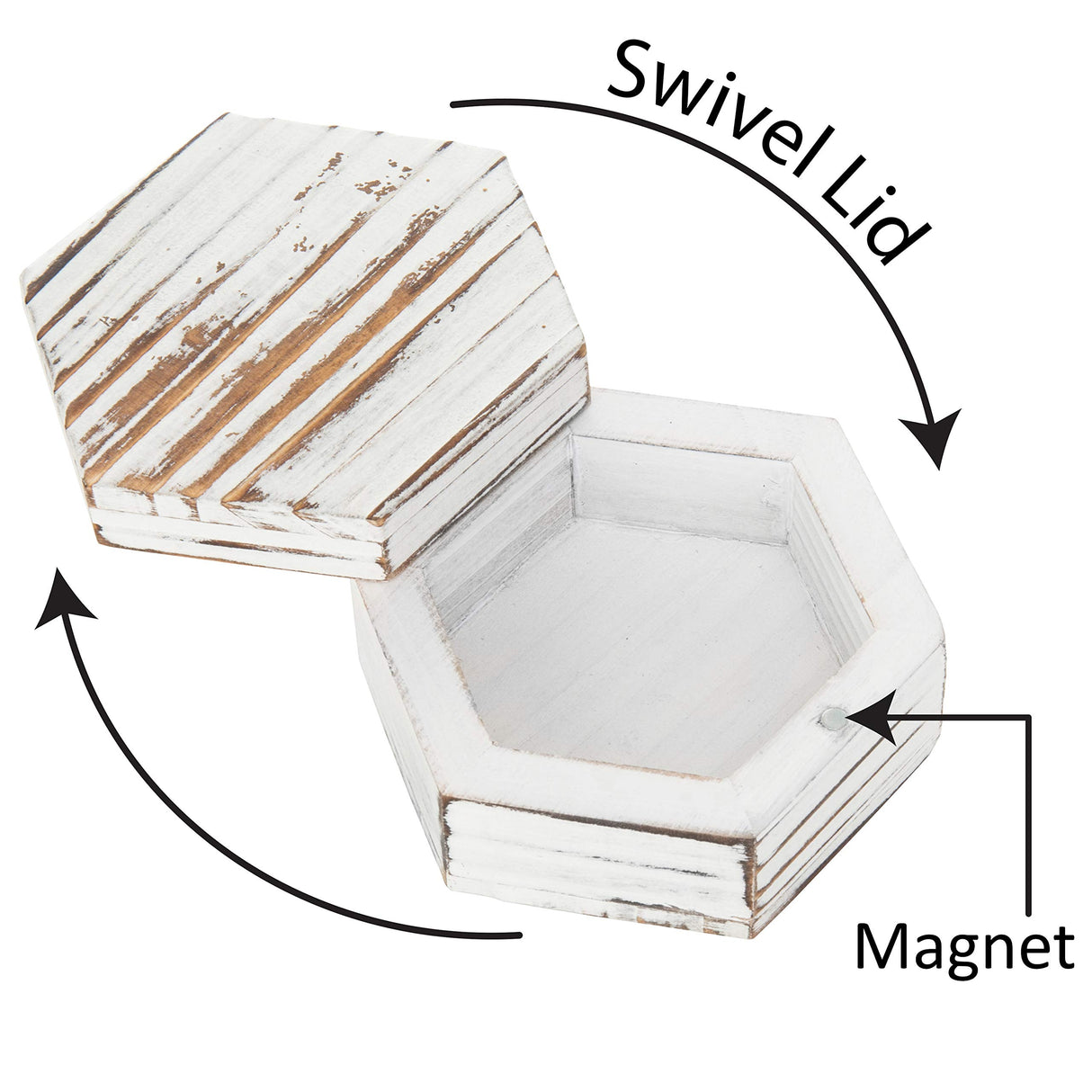 MyGift 3 Inch White Washed Solid Wood Wedding Ring Box, Hexagon Shape Trinket Box and Ring Holder, Small Jewelry Gift Box MyGift