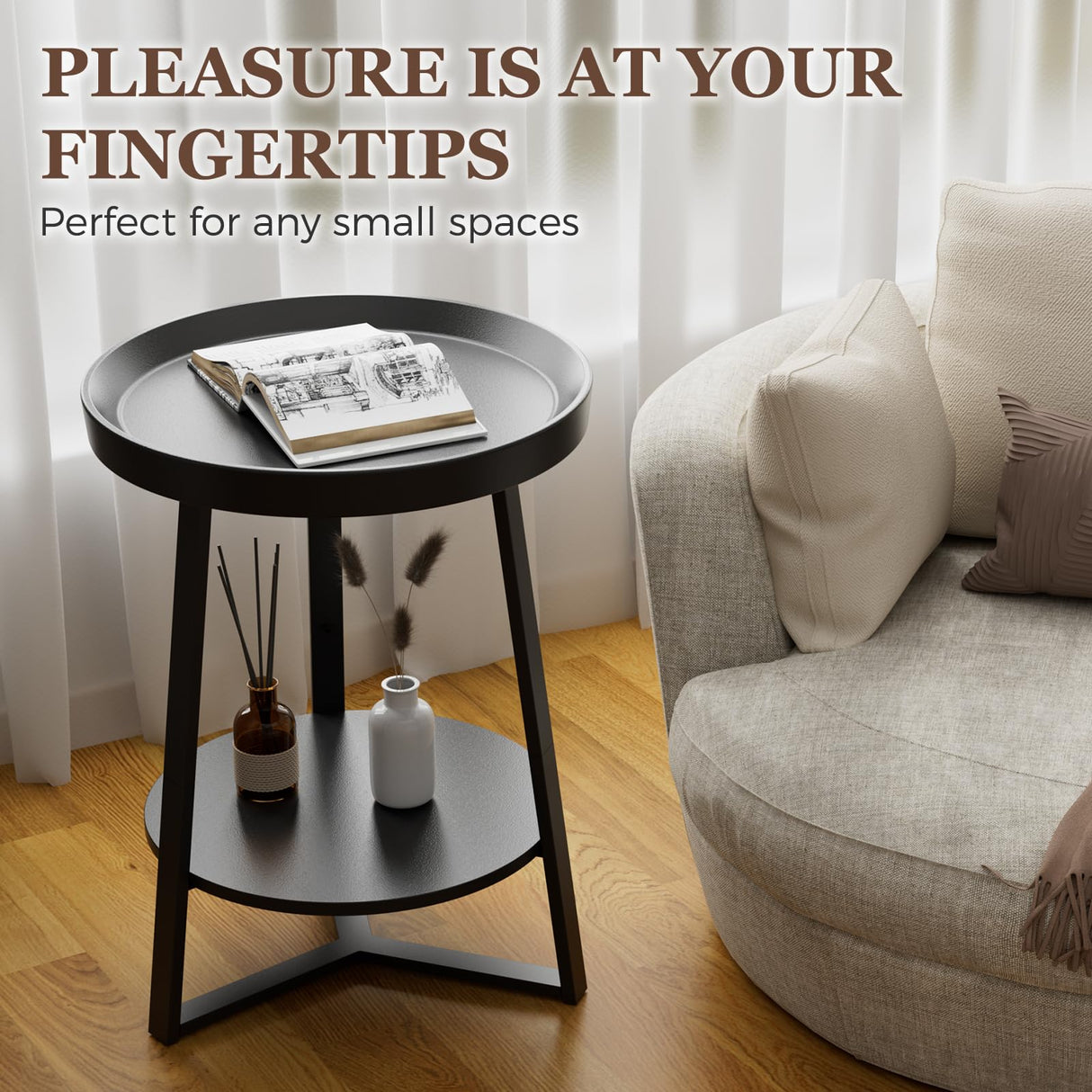 Gadroad Round End Table with Storage Shelf, 2 Tier Farmhouse Side Table Nightstand for Living Room, Bedroom, Wood Tabletop & Black Metal Frame, Black 15.7 * 15.7 * 23.6inches Gadroad