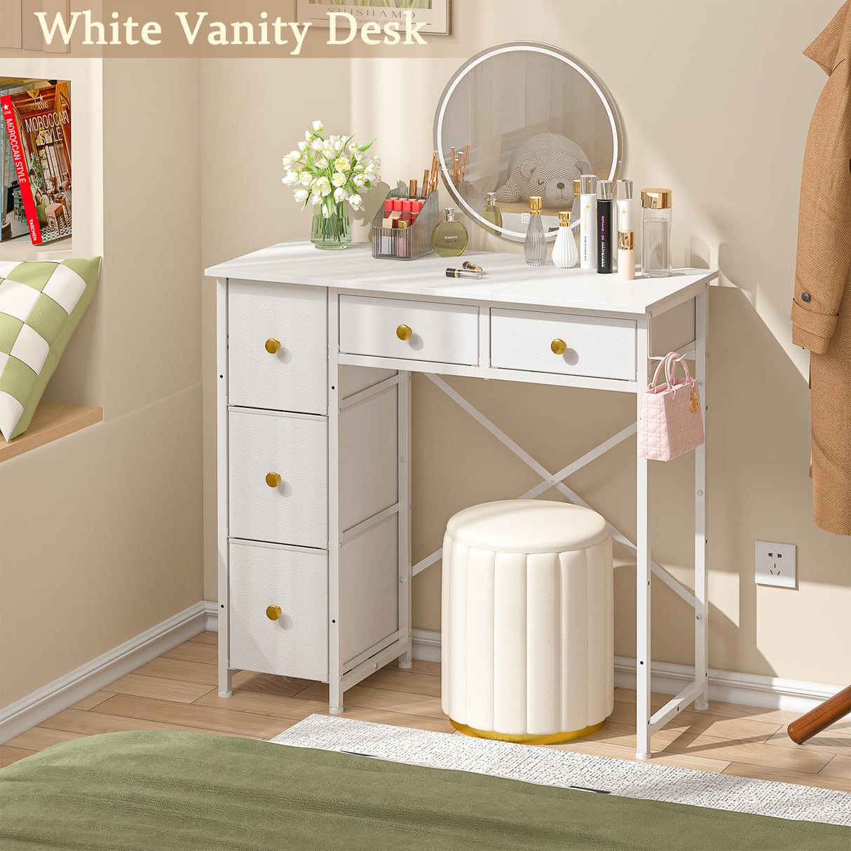 ThreeHio Small Vanity Desk, White Vanity Desk No Mirror, Makeup Table with Storage Drawers, Girls Vanity Dressing Table for Bedroom, 32.28 Inches Compact Vanity for Small Spaces ThreeHio