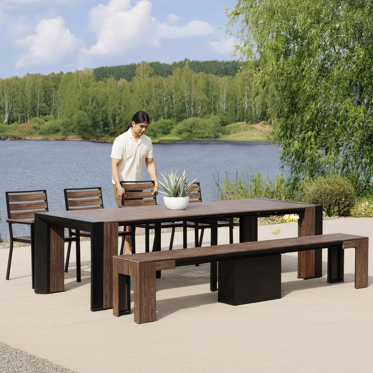 Transformer Table Outdoor Patio Furniture Set for 4 to 12, Expandable Outdoor Table and Chairs Set of 4 with Dining Bench, Weather Resistant Extendable Patio Table with Chairs & Bench Transformer Table