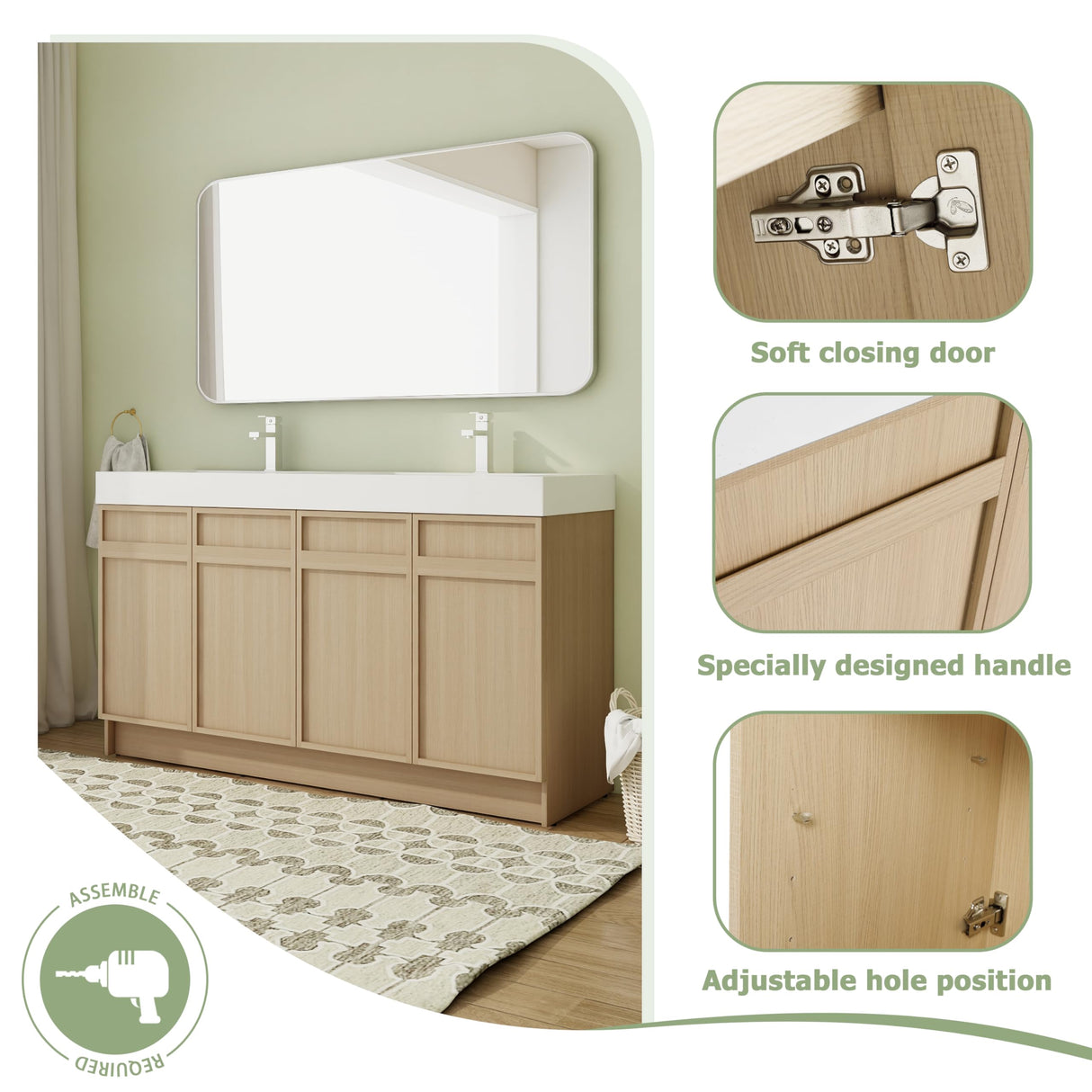 Calieton 60 Inch Freestanding Vanity, 60" Bathroom Vanity with Sink, Double Sink Floor Stand Vanity Combo, Modern Brown Bathroom Vanity Set with 4 Doors and White Basin Sink Calieton