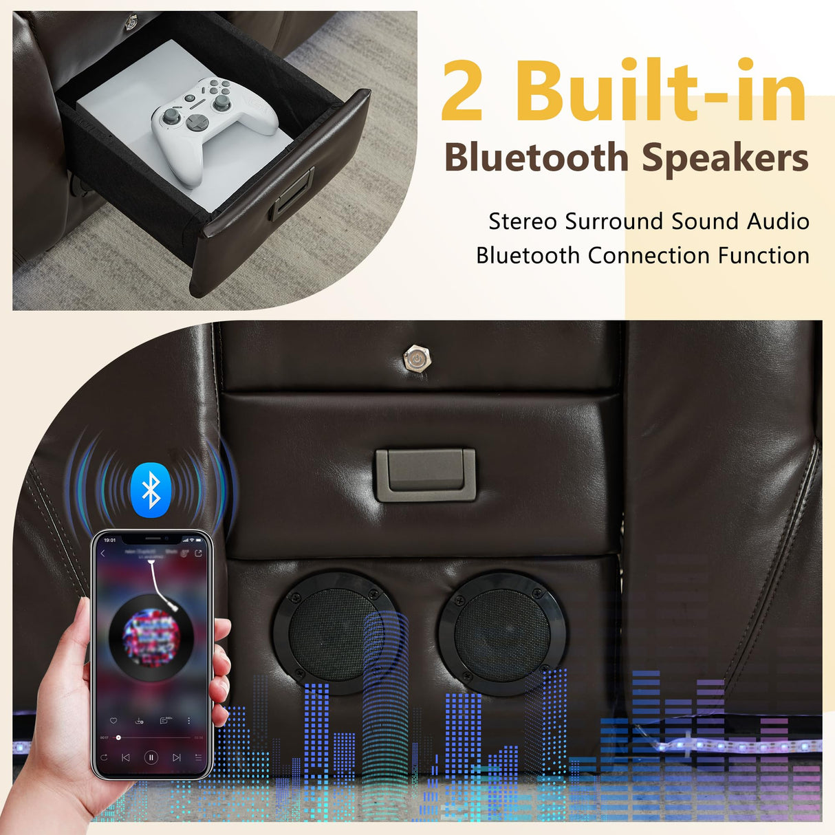 URRED Wall Hugger Loveseat Recliner Sofa with Flip Console, Power Reclining Loveseat RV Couch with LED Lights, Bluetooth, USB Ports, Outlets, Cup Holders, Side Pockets, Faux Leather, Dark Brown URRED