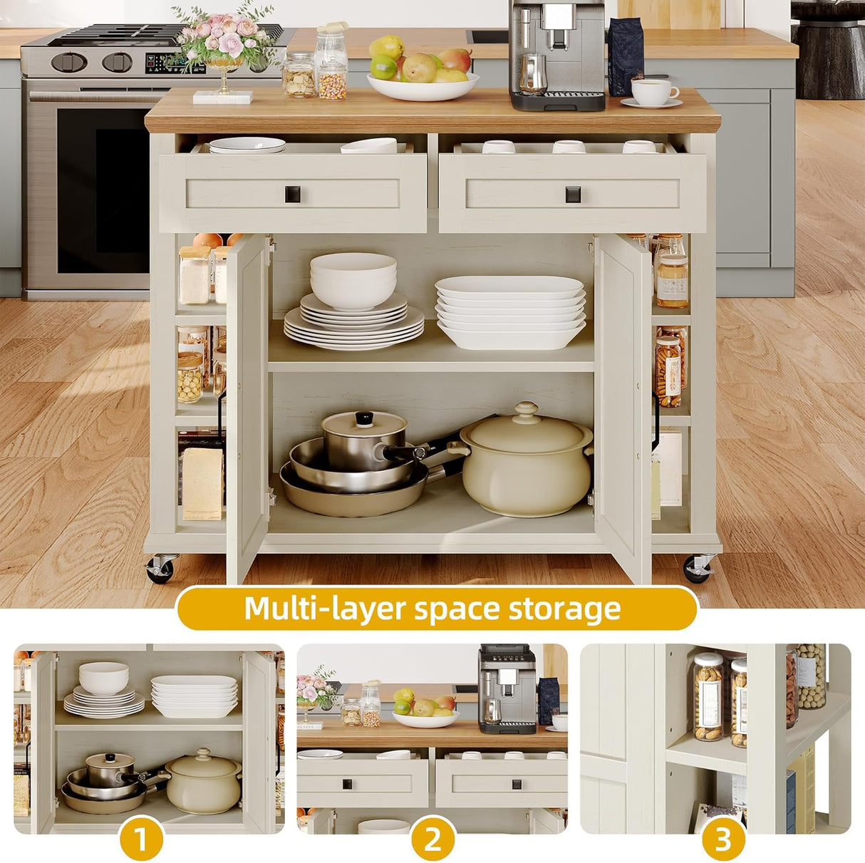 DWVO Kitchen Island with Storage Cabinet, Farmhouse Rolling Island Table on Wheels, Americana Mobile Storage Islands with Open Shelves, Drawers for Living Room, Dining Room, Off White DWVO