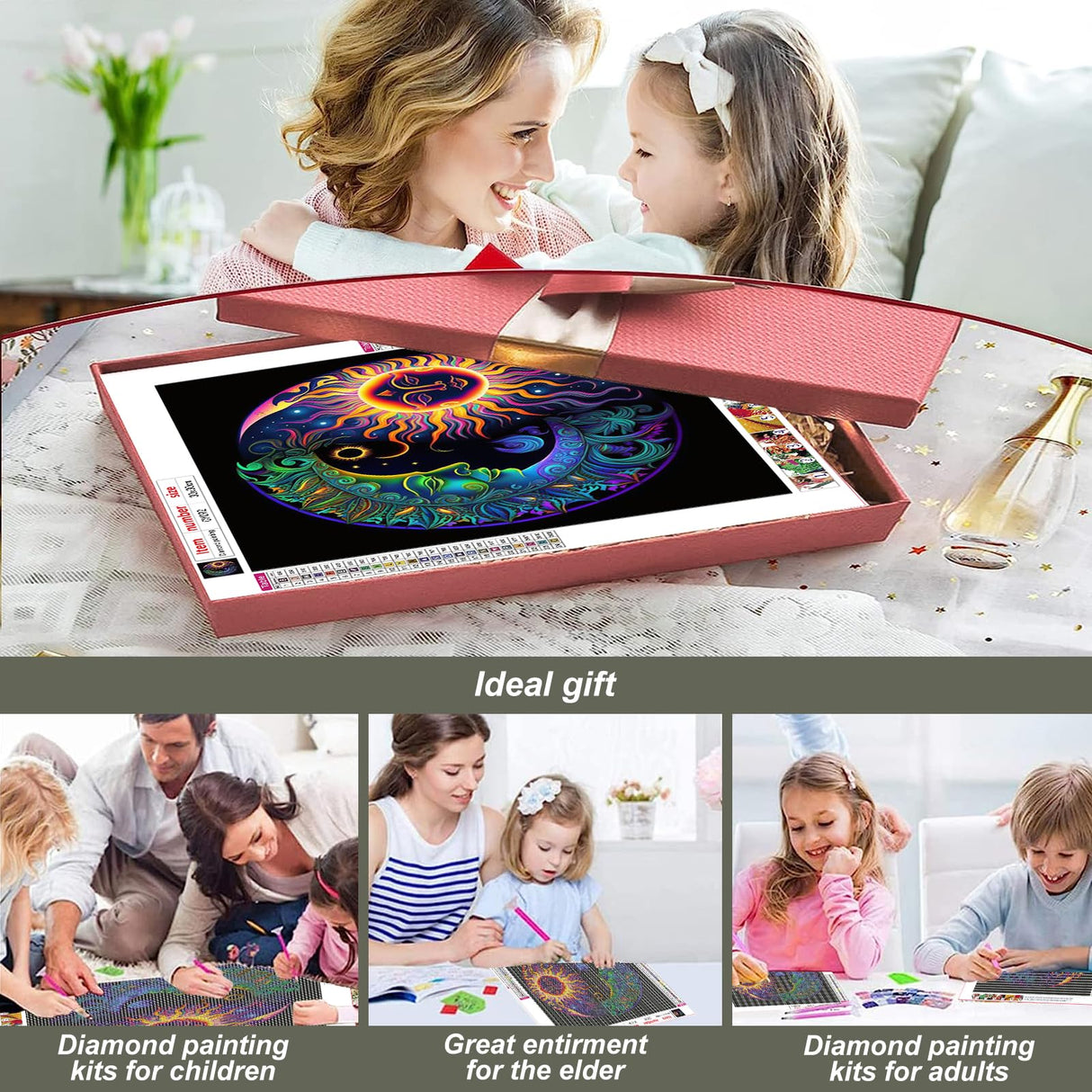 Stalente Diamond Painting Kits for Adults, 5D DIY Diamond Art Kits for Beginners Round Full Drill Diamond Painting for Home Wall Decoration Gift 12×12inch, Sun and Moon Stalente