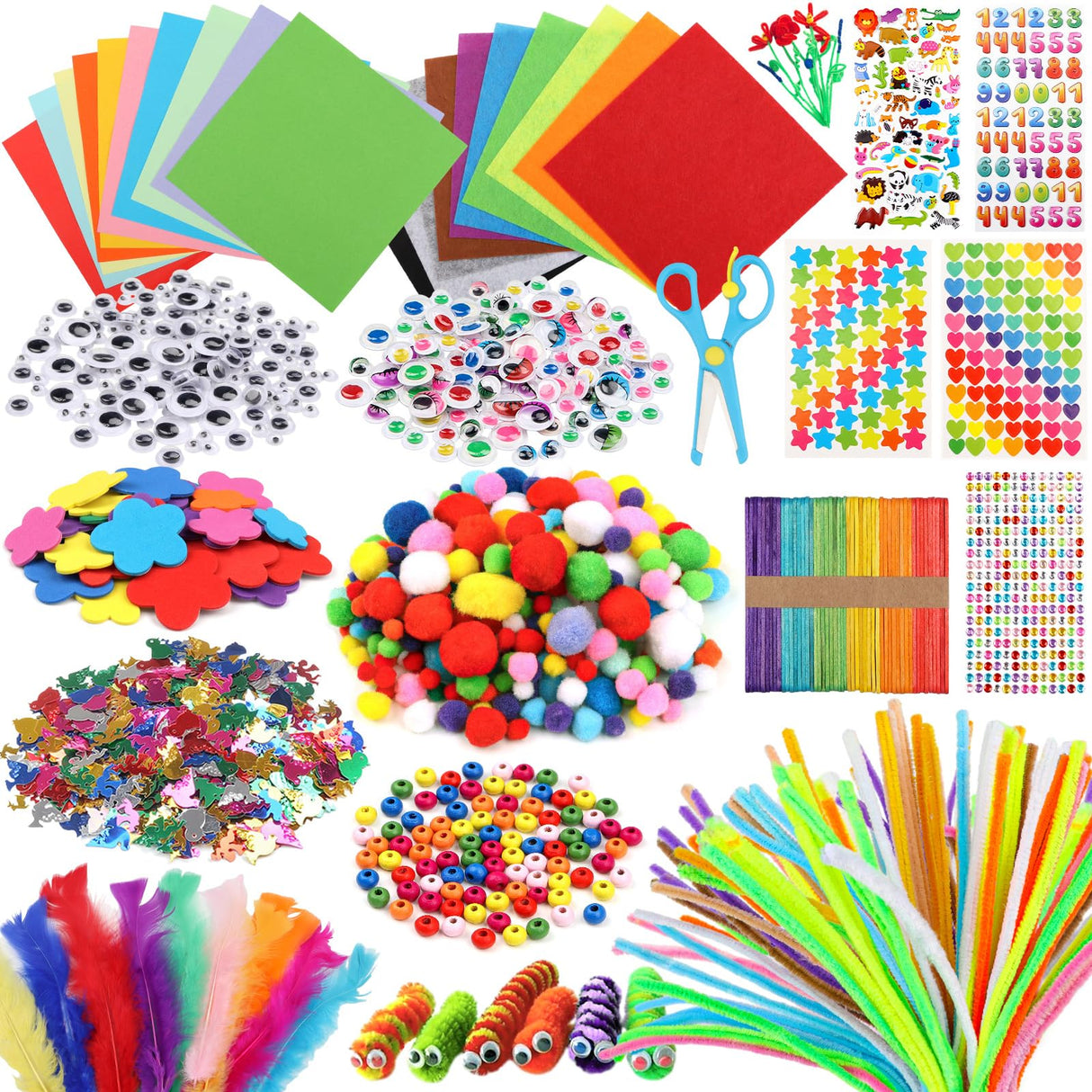 DOITEM Pipe Cleaners Craft Supplies, 1500+Pcs Arts and Crafts Supplies Including Pipe Cleaner Wiggle Googly Eyes Pom Poms Feathers Sticks Sequins Foam Flowers Papers Felt Stickers DOITEM