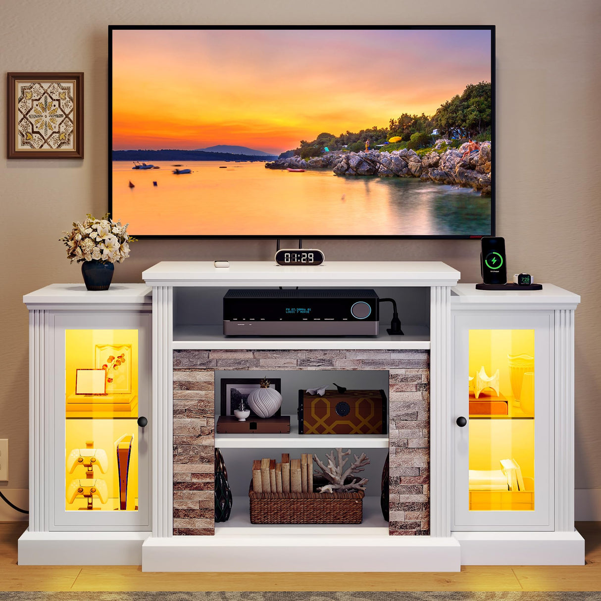 YITAHOME Modern TV Stand for 65 Inch TV, LED Entertainment Center with Power Outlets, Media Console TV Cabinet with Adjustable Shelves & Glass Door for Living Room, White, 59'' TV Stand YITAHOME