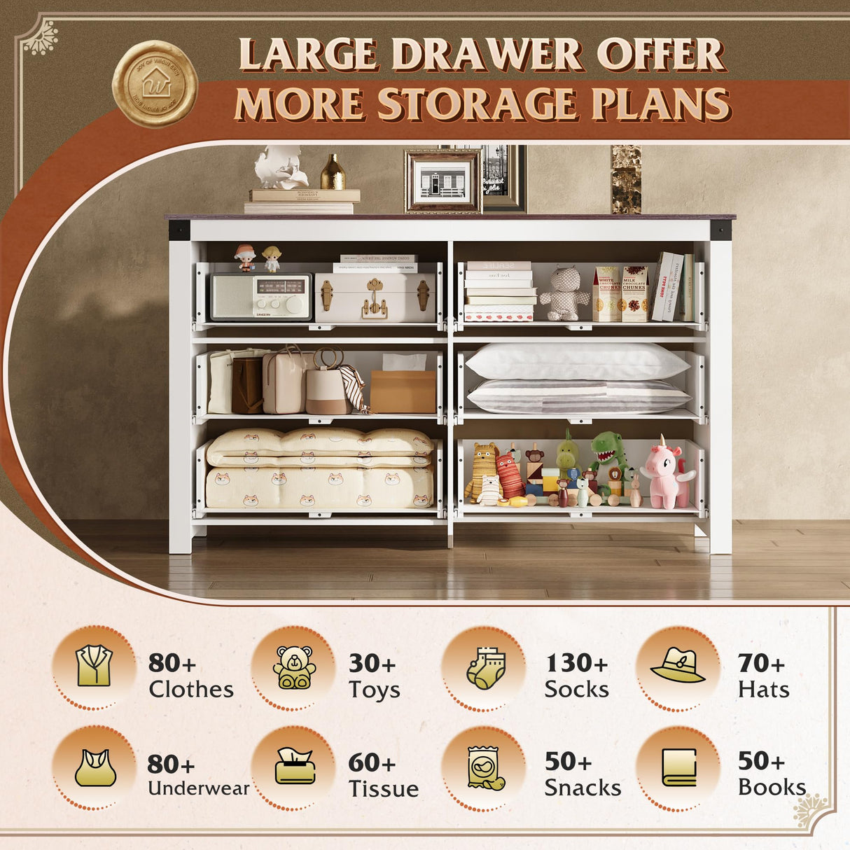 WLIVE Farmhouse 6 Drawer Dresser for Bedroom, 53.07'' Wide Wood Dresser, White Dressers Storage Organizer with Double Rustic Handle, TV Stand for 60 inch TV, Chest of Drawers for Living Room, Hallway WLIVE