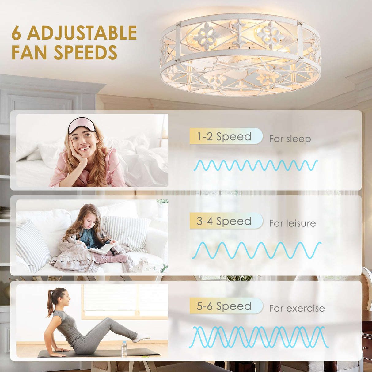 ZYD Caged Ceiling Fan with Light, 20" Ceiling Fan with Lights and Remote Flush Mount, Bladeless Caged Ceiling Fan with Light, Rust White Farmhouse Ceiling Fan for Bedroom, Kitchen, Dining Room ZYD