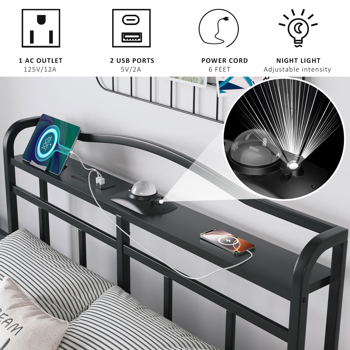 SHOANED Twin Size Metal Bed Frame - 14 Inch Heavy Duty Bedframe with Headboard & Charging Station Basic Steel Slats Platform with Galaxy Aurora Projector No Box Spring Needed, Noise-Free SHOANED
