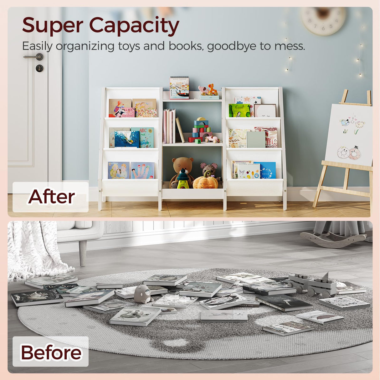 MAHANCRIS Kids Bookshelf and Toy Organizer, 3-Tier Kids Bookcase, Kids Sling Bookshelf, Toddler Toy Storage Organizer with Bookshelf, for Kids Room, Playroom, Bedroom, Nursery, White BKWT34201 MAHANCRIS