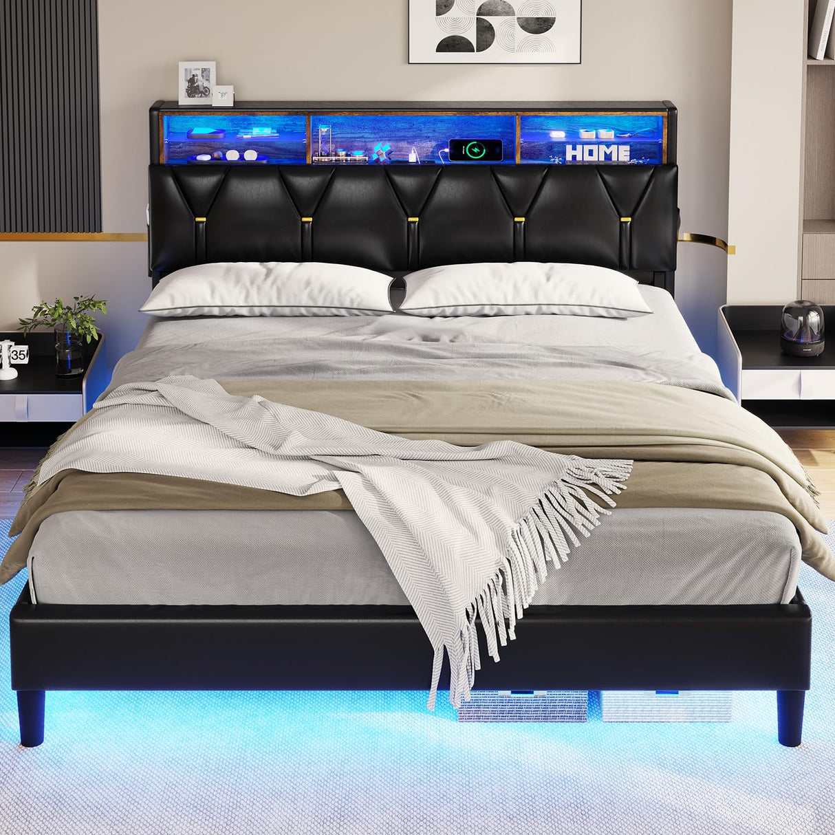 BTHFST Full Size LED Bed Frame with Charging Station & Stylish Storage Headboard in Black PU BTHFST