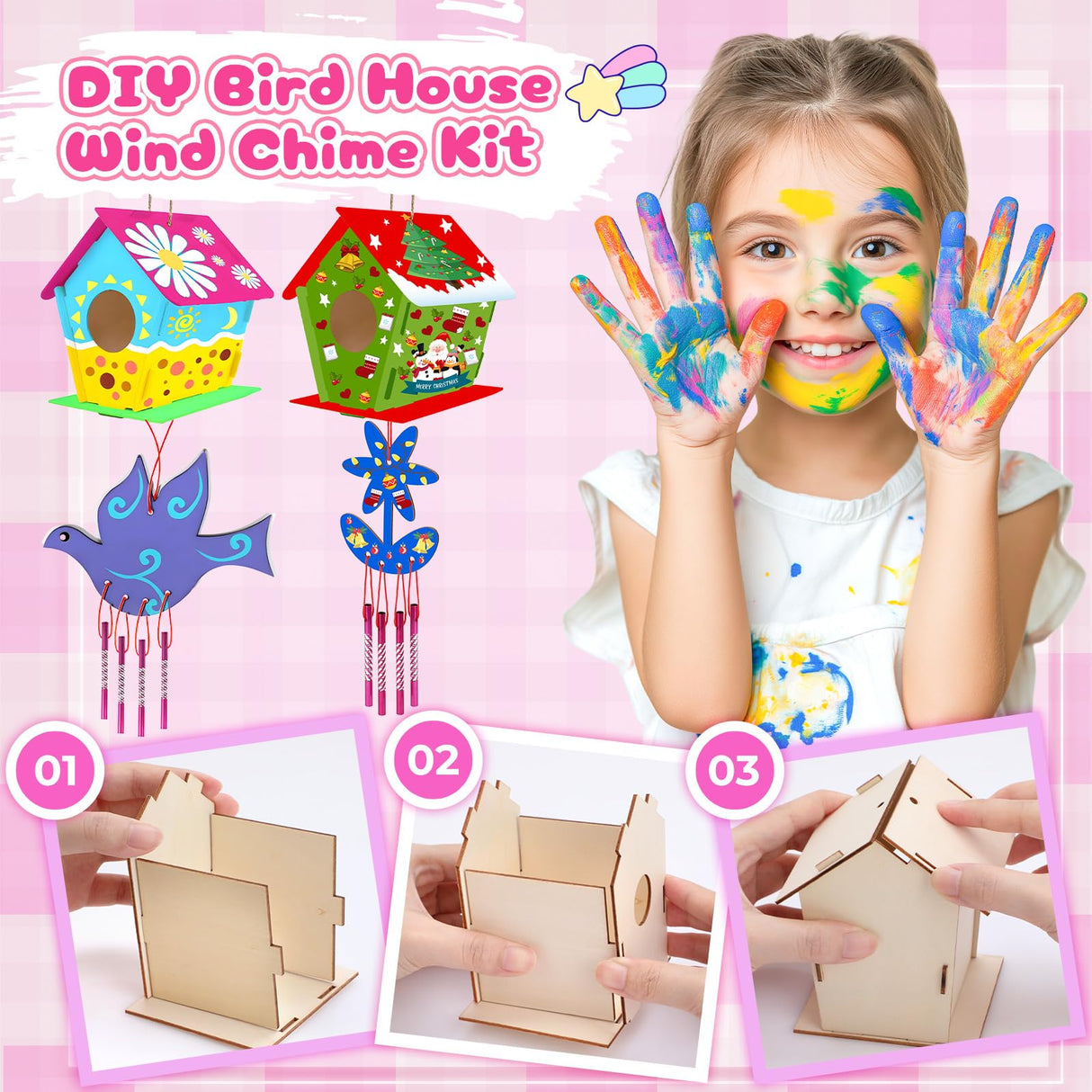 Luucio Wooden Painting Craft Kit - Glow in The Dark Wood Slices Crafts and Birdhouse Ornaments, Creative Art Toys for 5, 6, 7, 8, 9, 10, 11, 12 Year Old Kids, Christmas Gifts Ideal Luucio