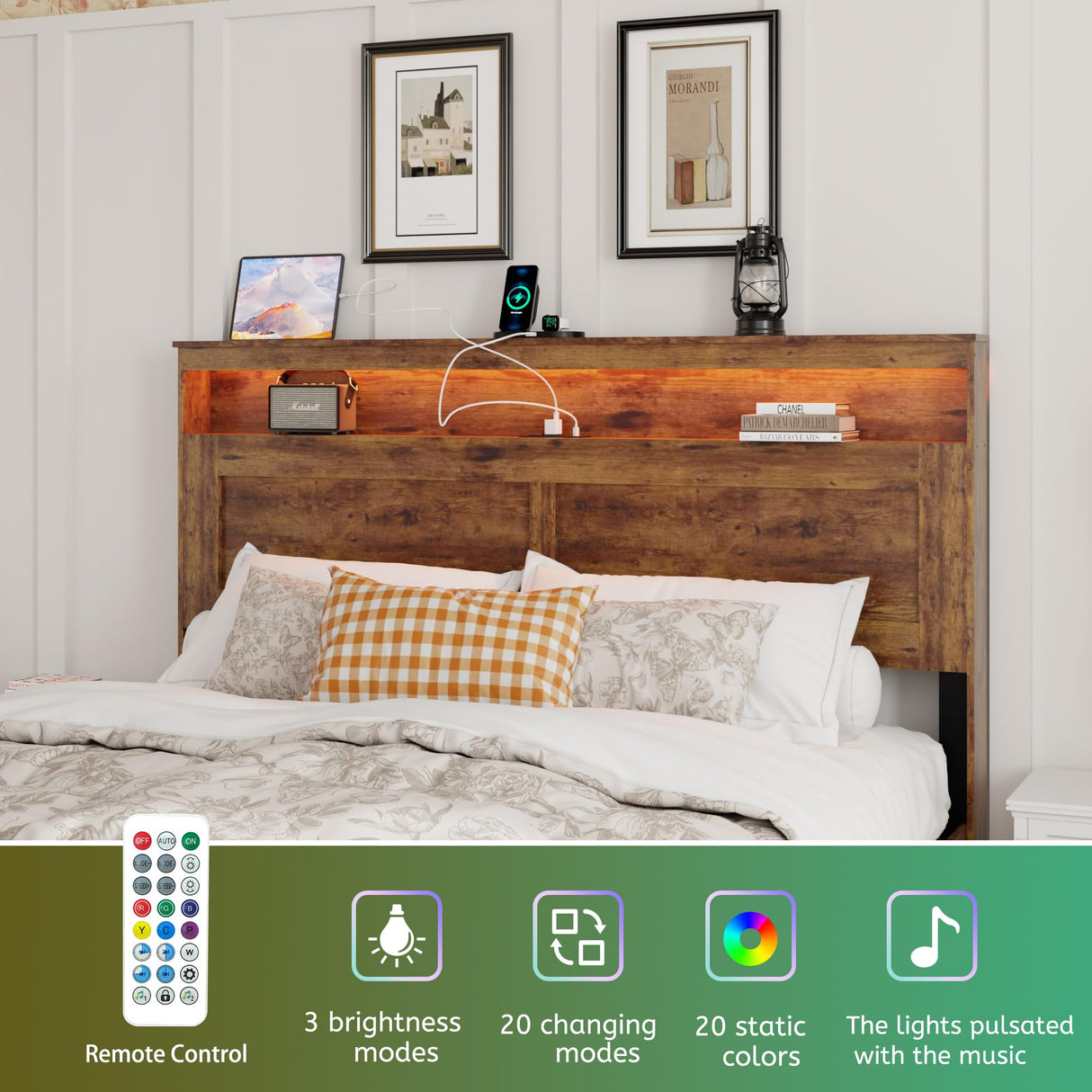 FSTAR King Size Wooden Bed Frame with Headboard, Farmhouse Bedframe with Charging Station & Led Lights, Heavy Duty Metal Slats, Noise Free, No Box Spring Needed, Dark Brown FSTAR