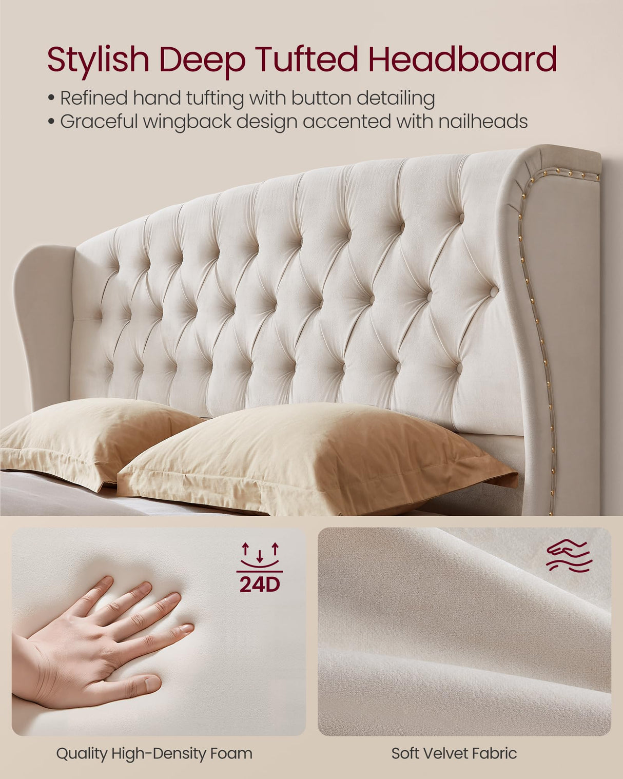 VASAGLE King Bed Frame with Tall Headboard, Upholstered Platform Bed Frame King Size, with Wingback Tufted Headboard and Footboard, Wooden Slats, No Box Spring Needed, Cappuccino Beige URMB884W01 VASAGLE