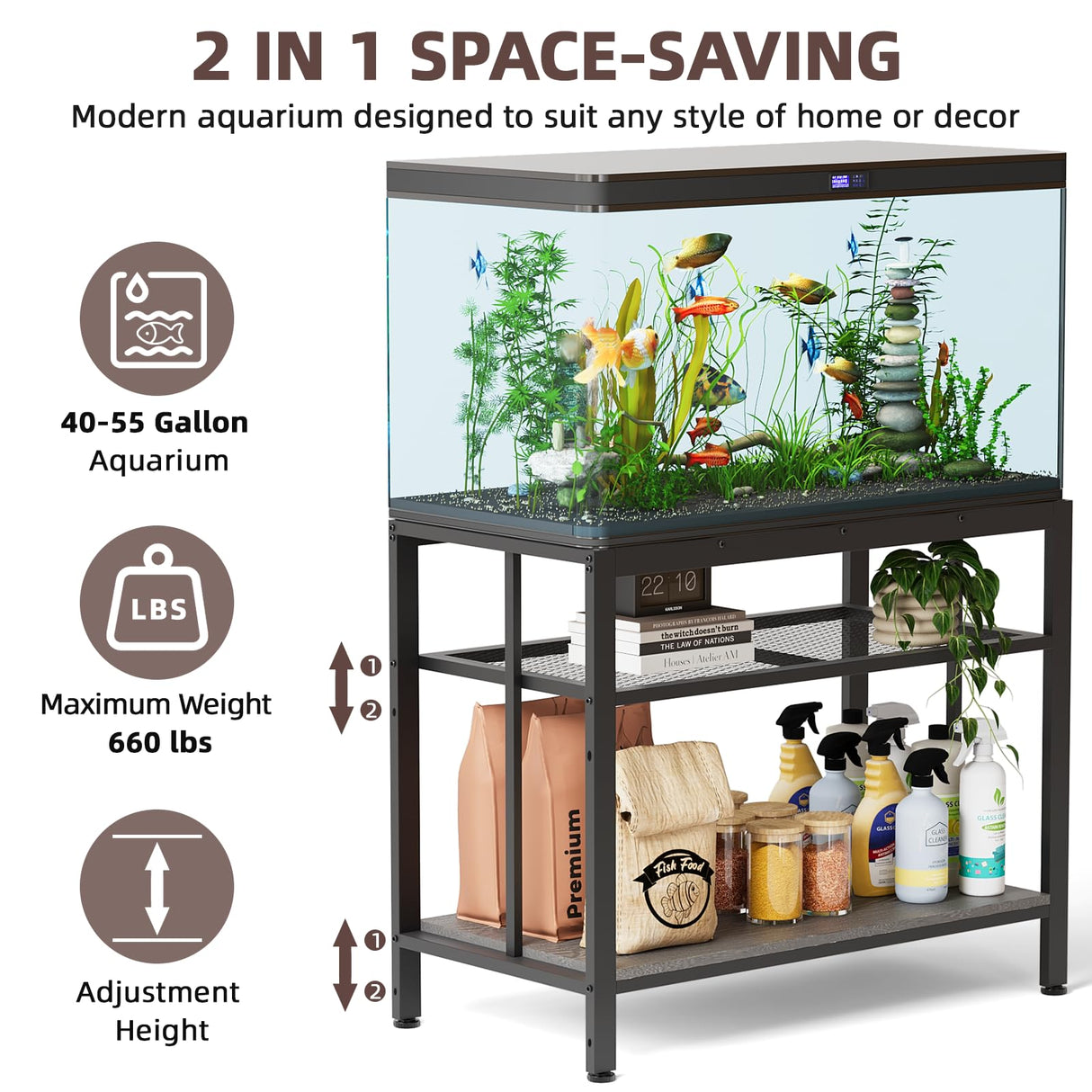 VOWNER 40-50 Gallon Fish Tank Stand - Metal Aquarium Stand, 36.6" L x 18.5" W x 29.5" H, Heavy Duty Reptile Tank Stand, Adjustable 3-Tier Fish Tank Rack Shelf for Home Office, 660LBS Capacity, Grey VOWNER
