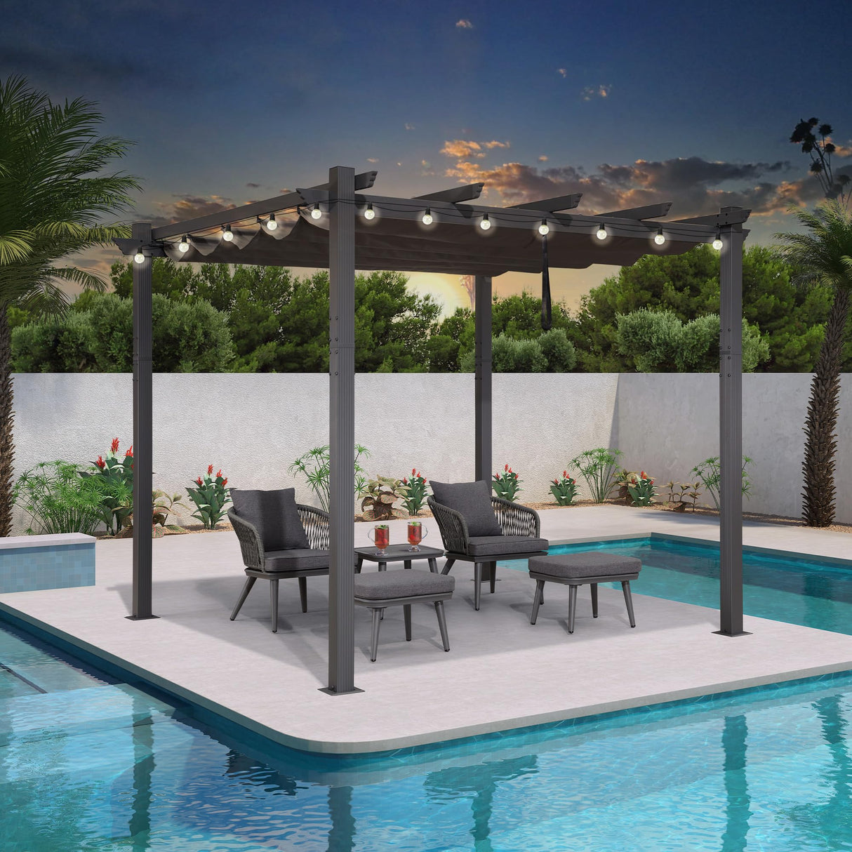 PURPLE LEAF 10' X 10' Outdoor Retractable Pergola with Sun Shade Canopy Patio Metal Shelter for Porch Beach Garden Pavilion Grill Gazebo Modern Yard Grape Trellis Gray Pergola with String Lights PURPLE LEAF