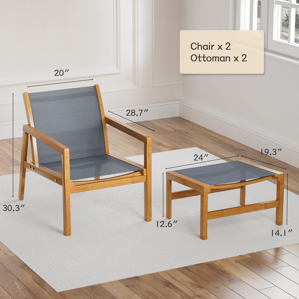 Greesum 4 Piece Furniture Outdoor Acacia Wood Chair with Ottoman for Porch, Balcony, Deck, Patio, Backyard, Gray Greesum