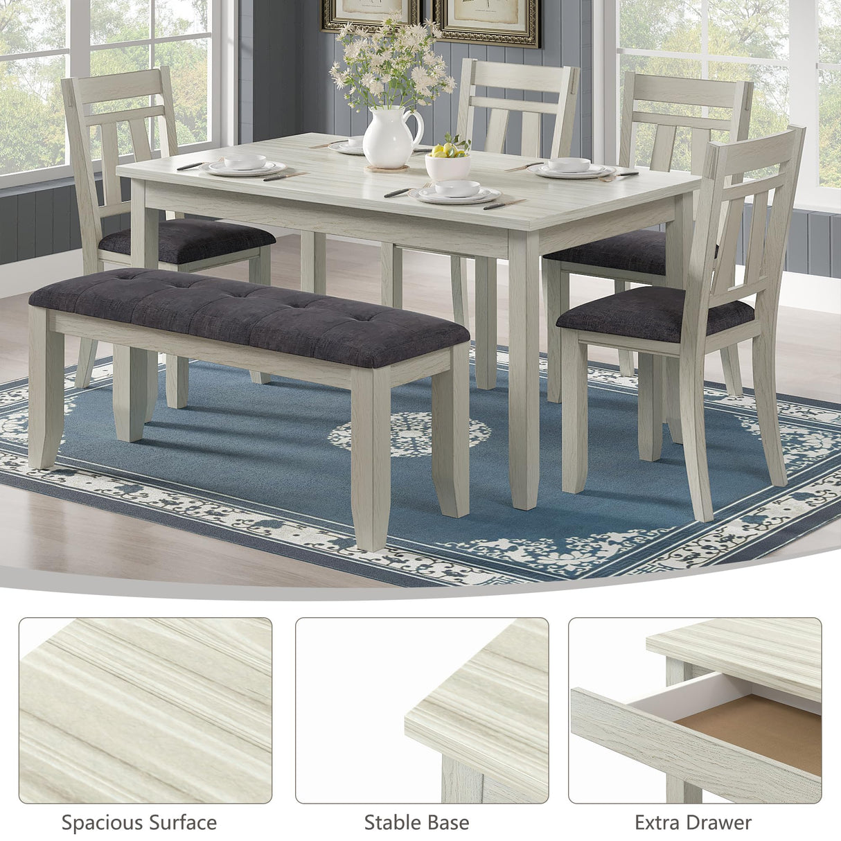 Peatuk 6-Piece Solid Wood Dining Table Set for 6, Modern Breakfast Dinette Kitchen Table with Bench & Chairs for Dining Room, Kitchen, Grey Peatuk