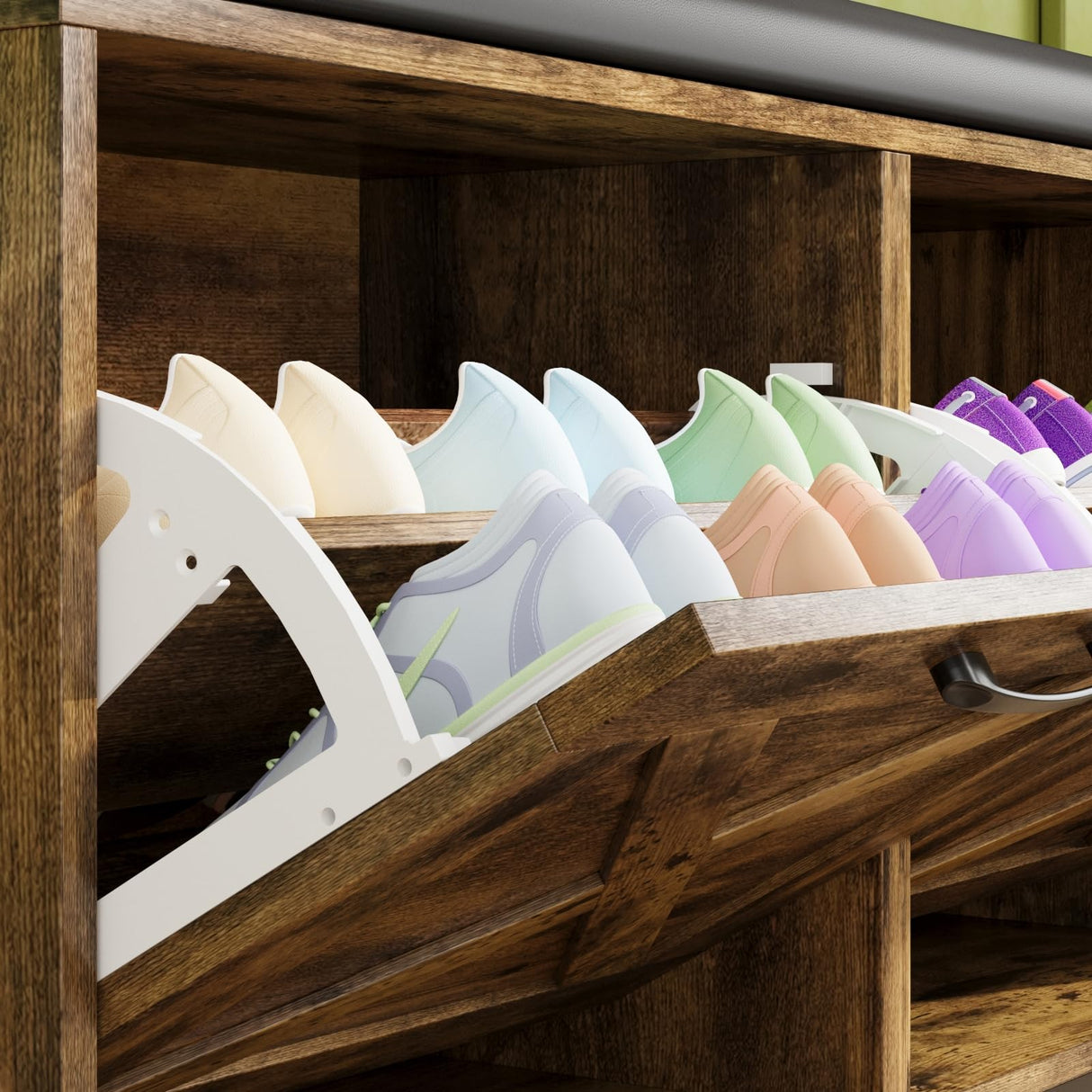 Maupvit Shoe Cabinet with 2 Flip Drawers & Coat Rack, Shoe Storage Bench with Seat Cushion for Entryway, 5 Large Sturdy Metal Hooks - with Locking Wall Parts, Farmhouse Brown Maupvit