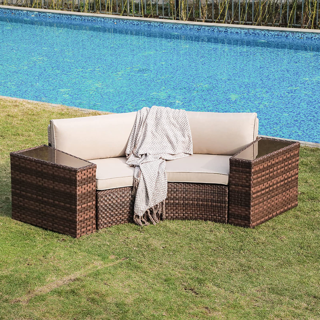 SUNSITT Outdoor Patio Furniture 4-Piece Half-Moon Curved Sofa Set PE Rattan Wicker sectional Set with 2 Side Tables SUNSITT