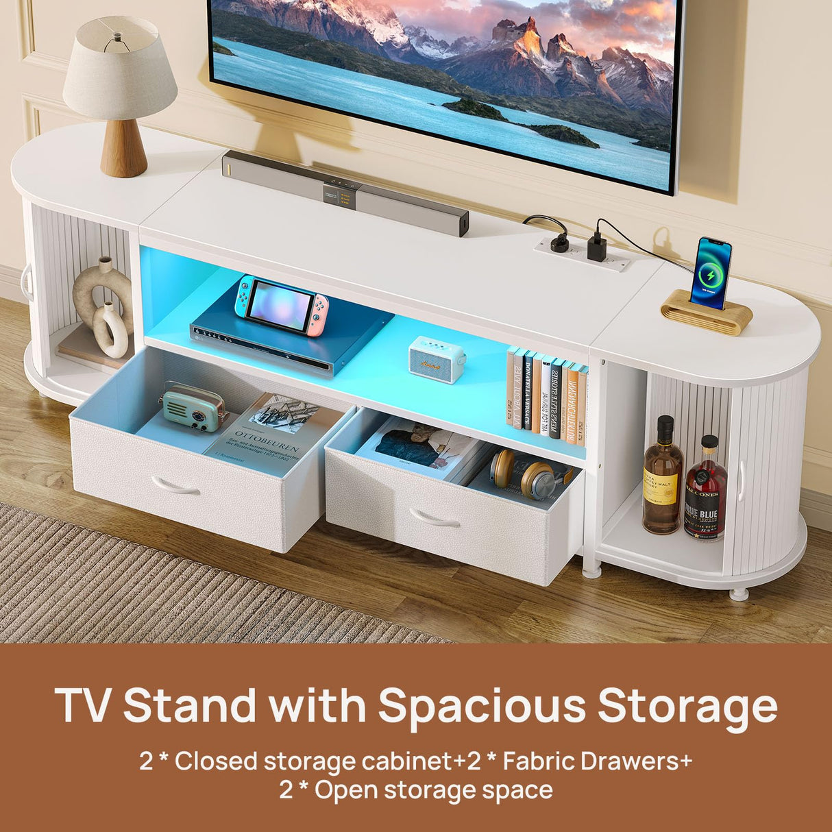 Rolanstar TV Stand for 65 70 inch TV, Entertainment Center with Power Outlet and LED, 2 Fabric Drawers TV Console with 2 Cabinet, Open Shelf, Sliding Door, Media Console for Bedroom/Living Room Rolanstar