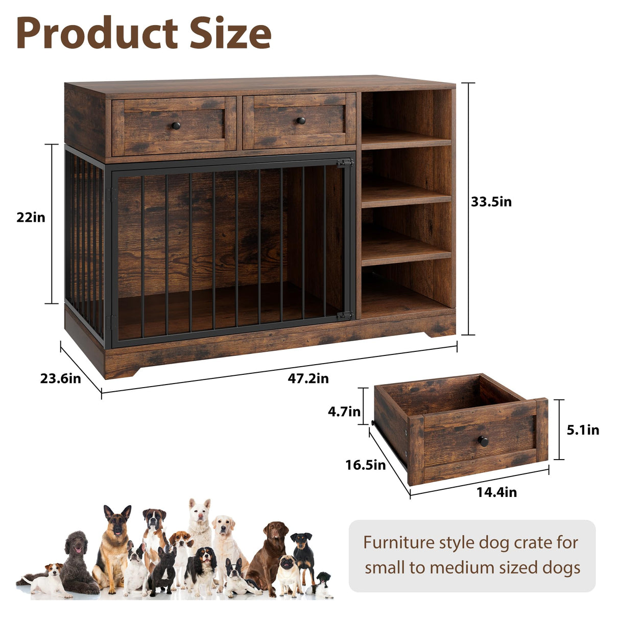 IDEALHOUSE 47” Large Dog Crate, Dog Kennel Indoor with 2 Drawers and 4 Shelves, Dog Crate Furniture TV Stand, Wooden Dog Cage for Medium Large Dogs, Brown IDEALHOUSE