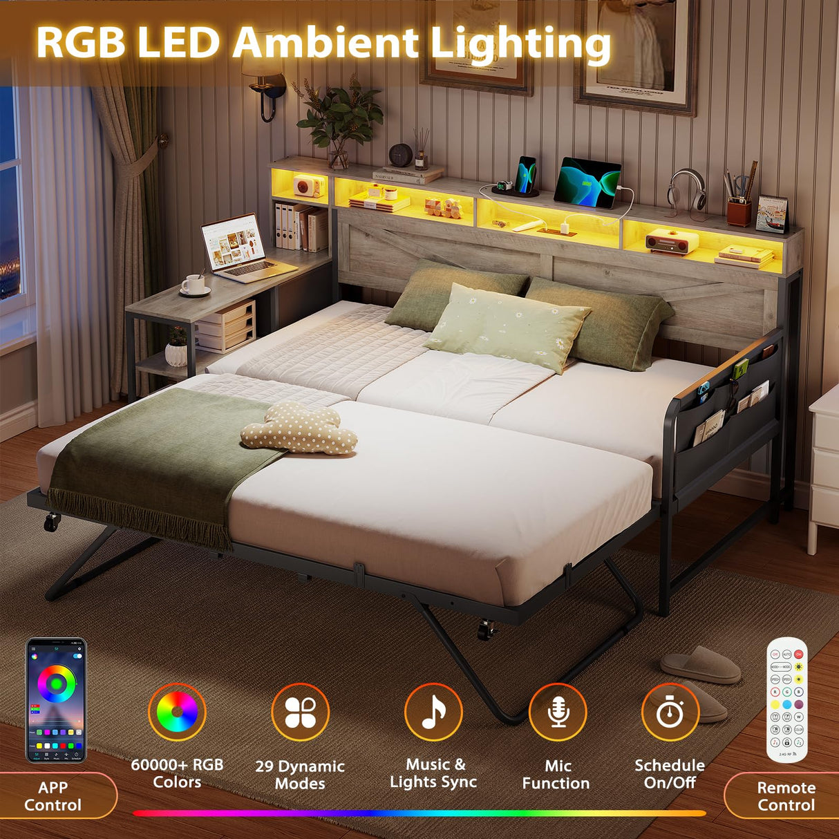 VIAGDO Daybed Twin with Pop Up Trundle, Farmhouse Wooden Day Bed Frame with 3 Storage Drawers and Shelves, Twin to King Daybed with Charging Station and LED Lights for Bedroom, Guest Room, Grey VIAGDO