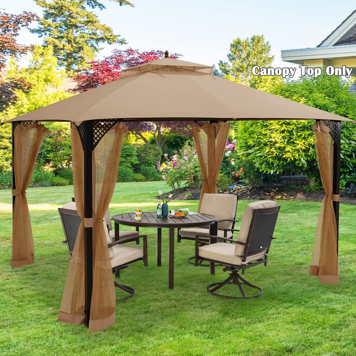 Tangkula 10x12 Ft Gazebo Replacement Canopy Top, Double Tier Canopy Replacement Roof with Air Vent and Drainage Holes, CPAI-84 Outdoor Canopy Top Cover for Garden, Backyard, Patio (Brown) Tangkula