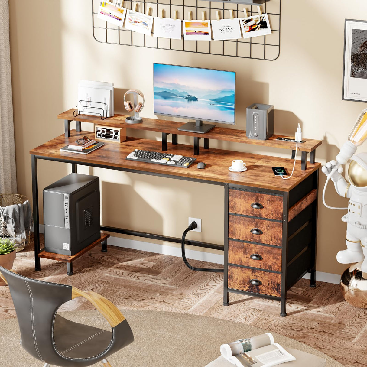 Furologee 55in Computer Desk with 4 Drawers, LED Gaming Desk with Power Outlets, Office Desk with Full Monitor Stand and Storage Shelf, Study Work Desk for Home Office Bedroom, Rustic Brown Furologee