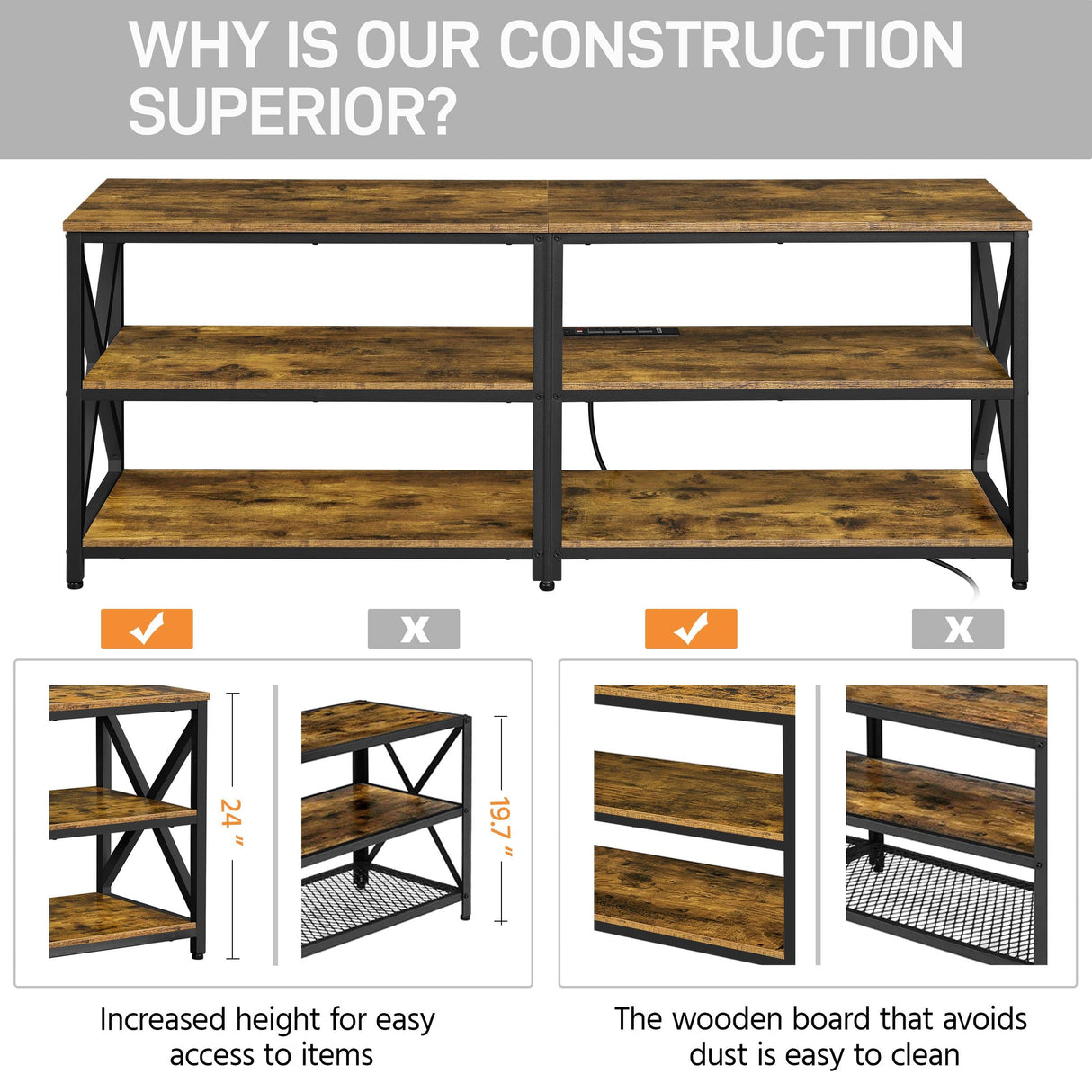 Yaheetech TV Stand with Power Outlet, Industrial TV Stand for 75 Inch TVs, Media TV Console Table with Open Storage Shelves for Living Room, Rustic Brown Yaheetech