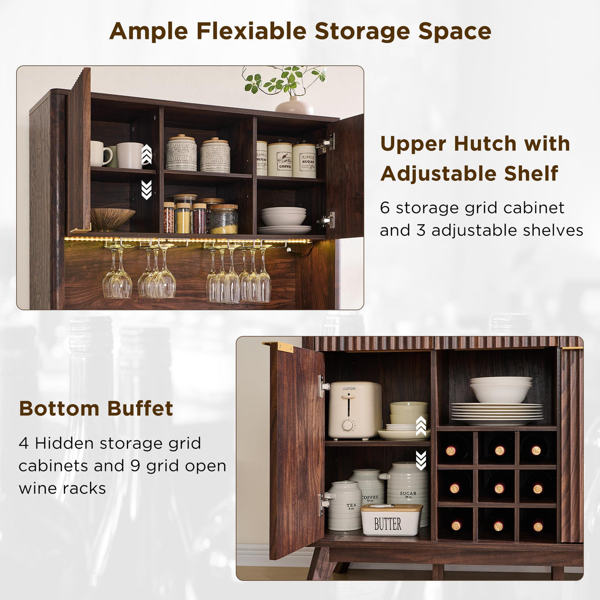 OKD 72" Tall Wine Bar Cabinet with Storage Hutch, Modern Wood Fluted Coffee Bar Cabinet with LED Lights and 10 Tier Storage Shelf & 9 Grid Wine Glass Rack for Home Dining Room Kitchen (Dark Walnut) OKD