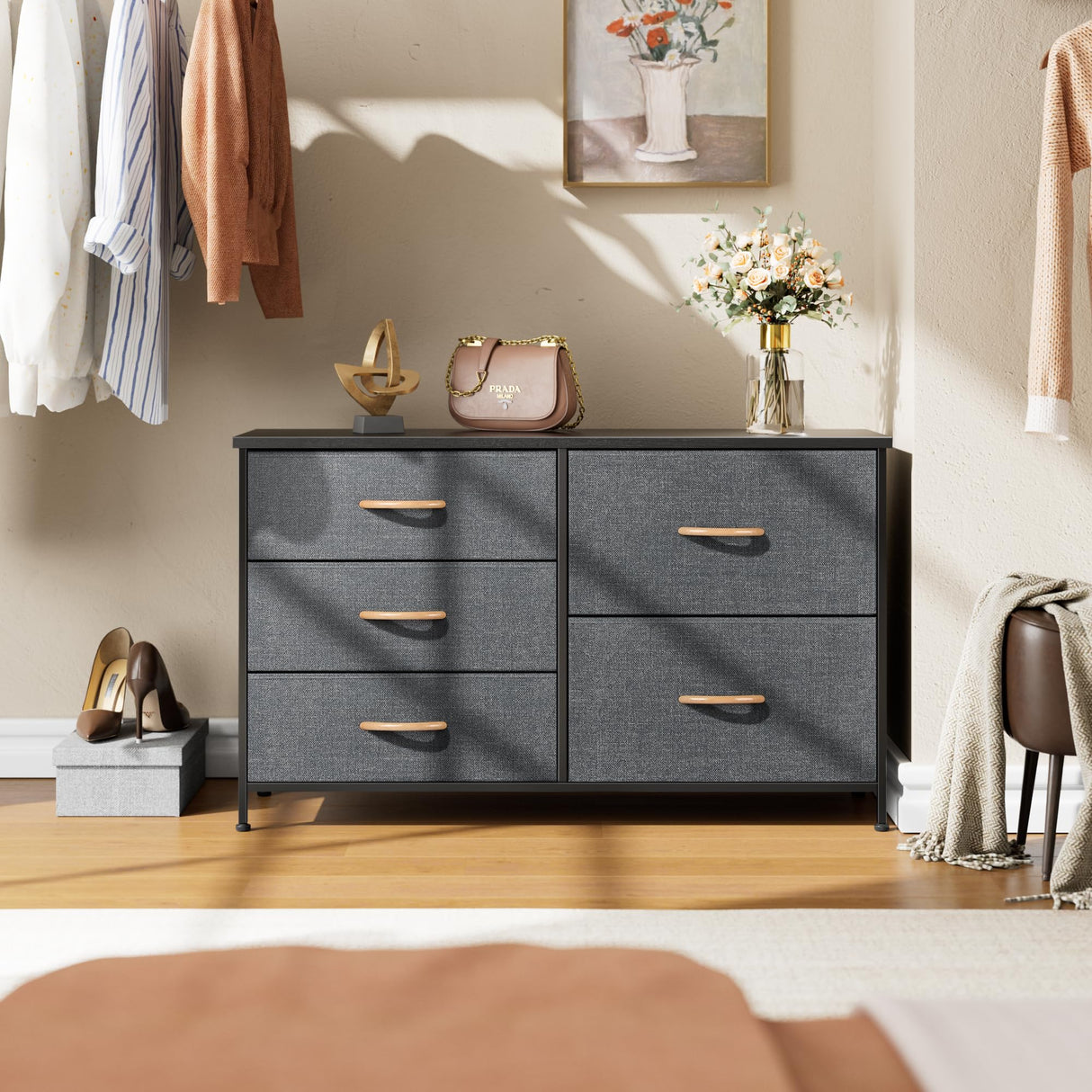 Nicehill Dresser for Bedroom with 5 Drawers, Storage Drawer Organizer, Wide Chest of Drawers for Closet, Clothes, Kids, Nursery, TV Stand with Storage Drawers, Wood Board, Fabric Drawers (Black Grey) Nicehill