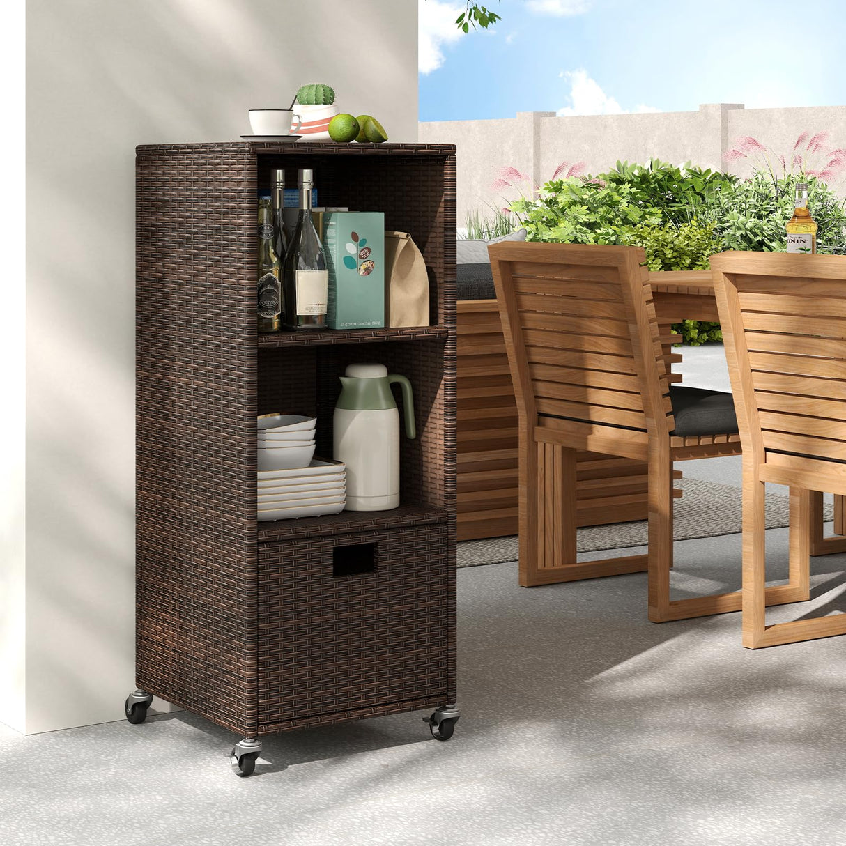 Tangkula Rattan Outdoor Storage Cabinet, Patiojoy Outdoor Wicker Cabinet with 3 Shelves, 1 Removable Drawer, 4 Wheels, Patio Storage Deck Box Cart for Backyard Poolside Porch (Mix Brown) Tangkula