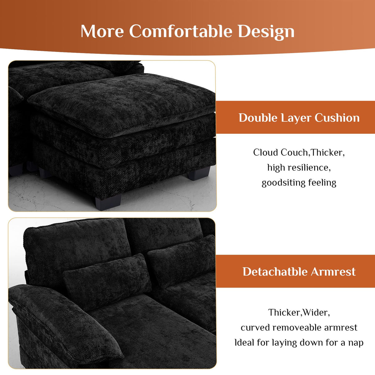 OUYESSIR 114" U Shape Sectional Cloud Couch with Ottoman,Fluffy Sectional Couches for Living Room,4 Seater Modular Sectionals Sofa,Comfy Cloud Sofas & Couches with 4 Pillows,Light Black OUYESSIR