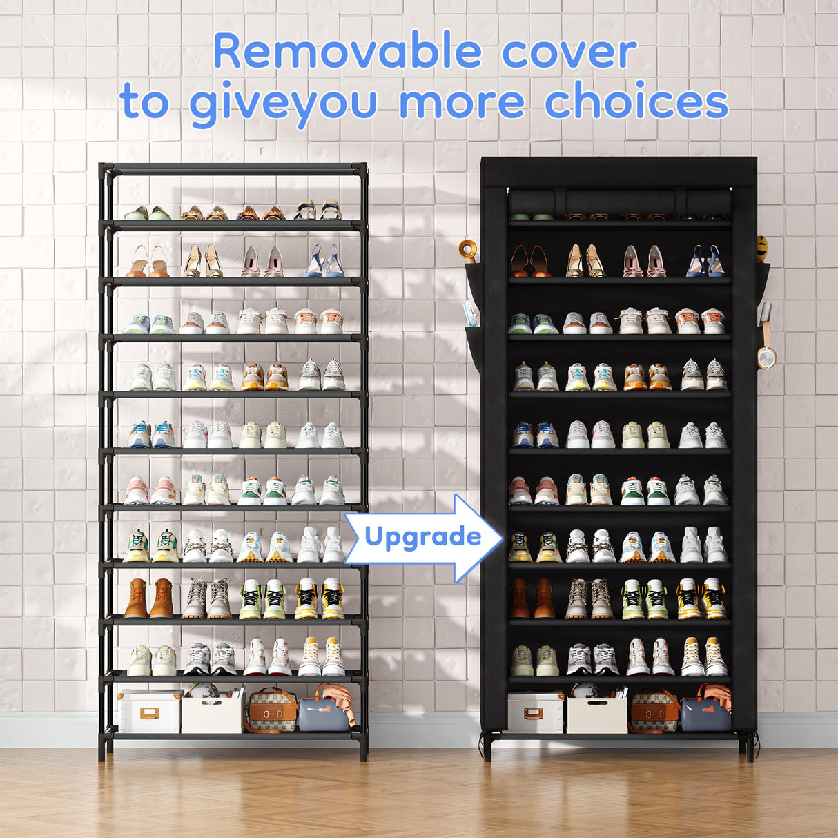 Simple Trending Tall Shoe Rack Organizer Holds 40 Pairs, 10 Tier Large Capacity Shoe Cabinet Storage with Cover for Closet, Black Simple Trending