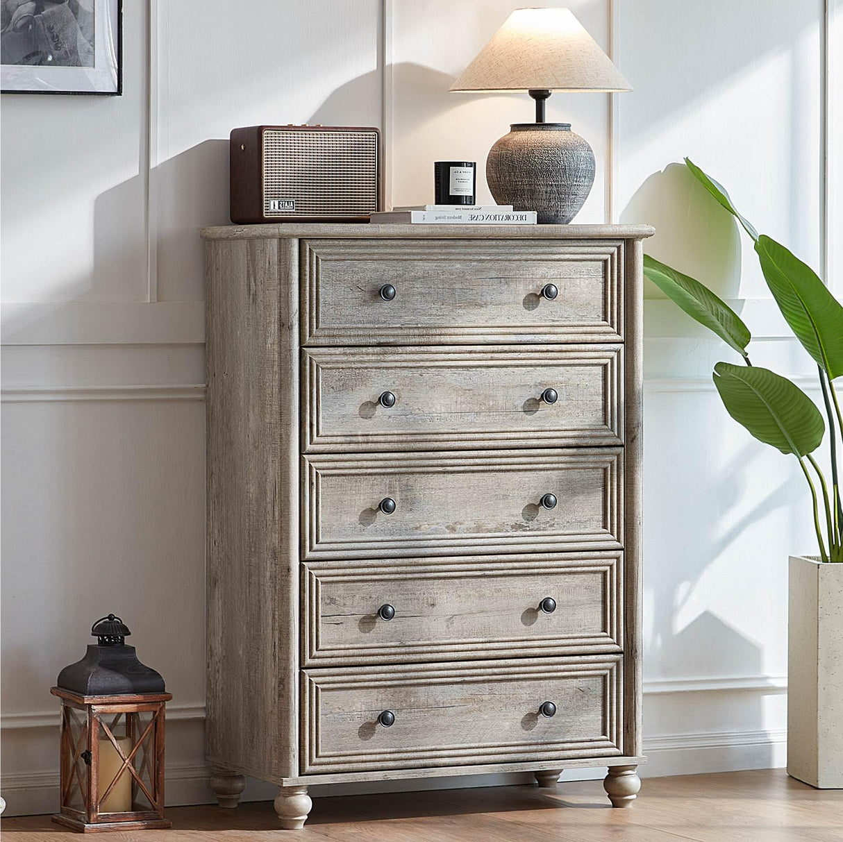 RWYHG Farmhouse 5 Drawers Dresser for Bedroom, Wood 45" Tall Dressers Chest of Drawers, Kids Dresser Rustic Storage Dressers Organizer with Metal Handle Closet for Living Room, Hallway RWYHG