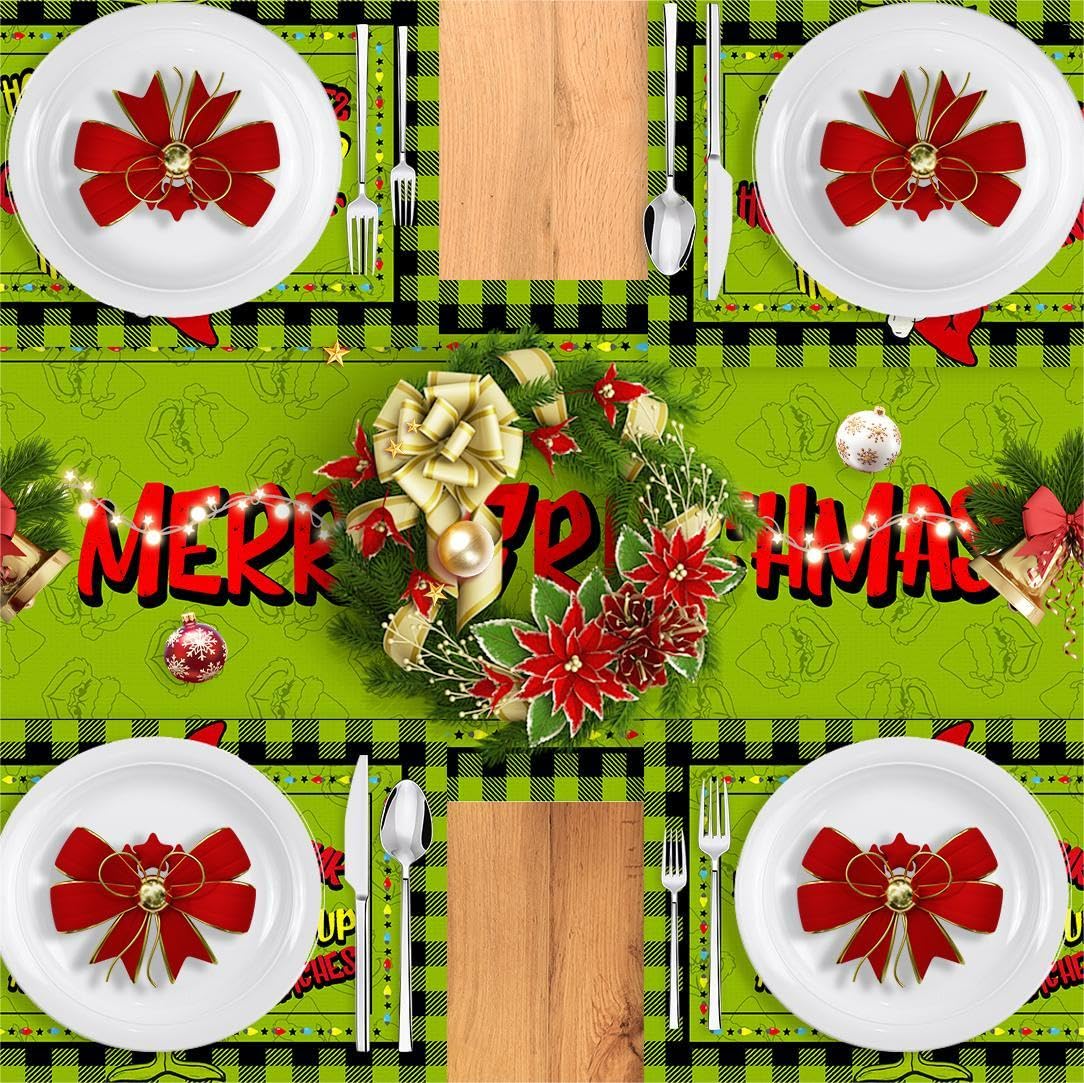 Linen Green Christmas Table Runner Merry Christmas Tablecloth Christmas Xmas Winter Holiday Home Kitchen Dining Room Table Decorations 13x72 Inch FARMNALL