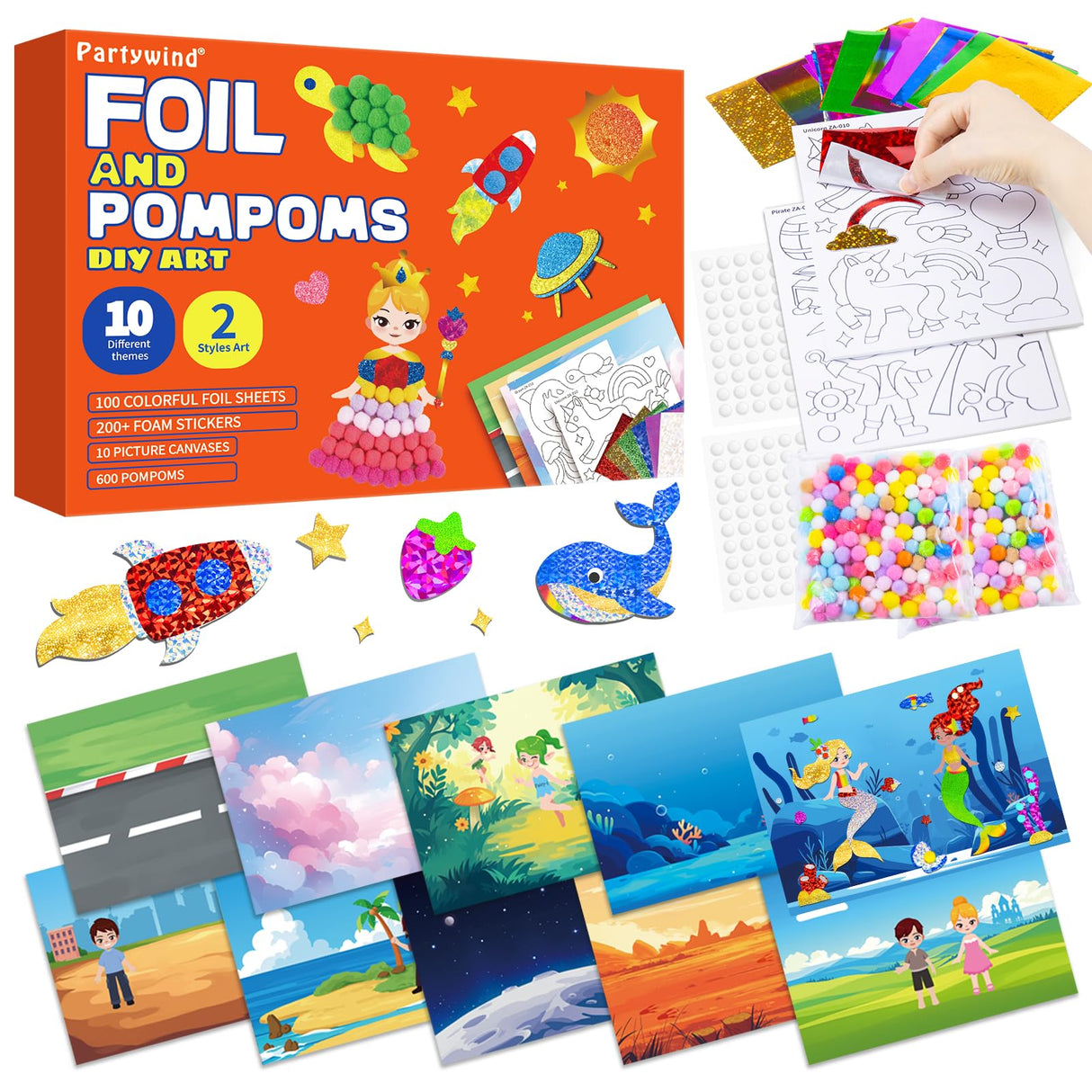 PARTYWIND Foil & Pom poms Art Fun Kit for Kids Ages 4-8 - Unicorns, Princesses, and Ocean DIY Arts & Crafts Supplies, Quiet Time Travel Toys, Birthday Gifts for Girls & Boys Ages 4 5 6 7 8 9 10 11 12 PARTYWIND