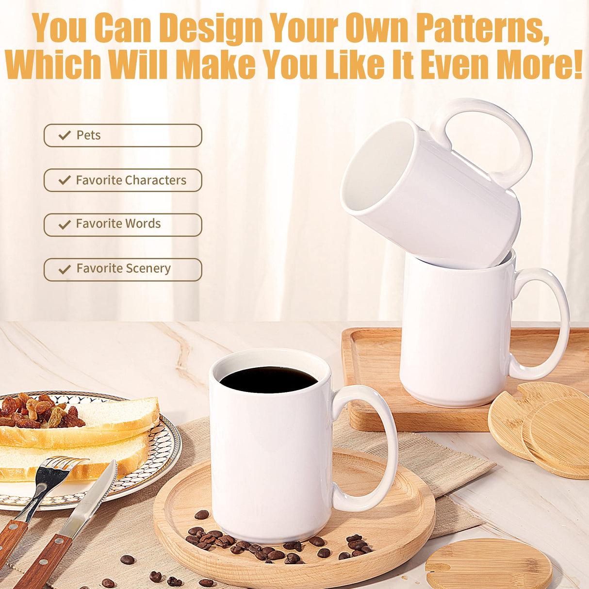 RAINBOWTIE Sublimation Mugs 15 oz Sublimation Mugs Blank with Bamboo Lid White Coffee Mugs Sublimation Coffee Mugs Mug Sets Coffee Cup with Lid Set of 12 RAINBOWTIE