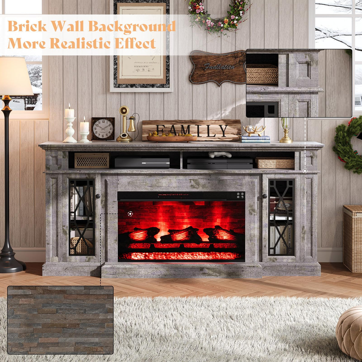 AMERLIFE 70" Farmhouse Heavy Fireplace TV Stand with 33" Electric Fireplace, for 80" TVs up, Media Entertainment Center with Diamond Door, TV Console Storage Cabinet for Living Room, Grey AMERLIFE