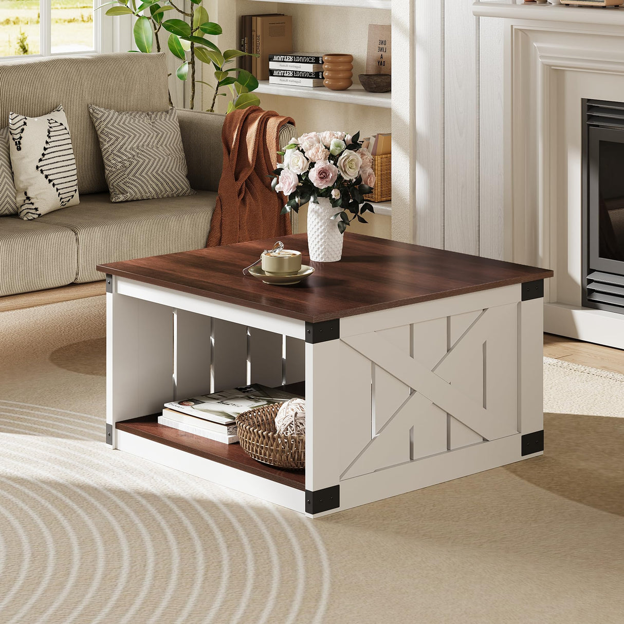 NICBEX Farmhouse Coffee Table, 31.5" Square Coffee Table with Open Storage, Wood Rustic Cocktail Table Center Table for Living Room, Espresso Brown NicBex