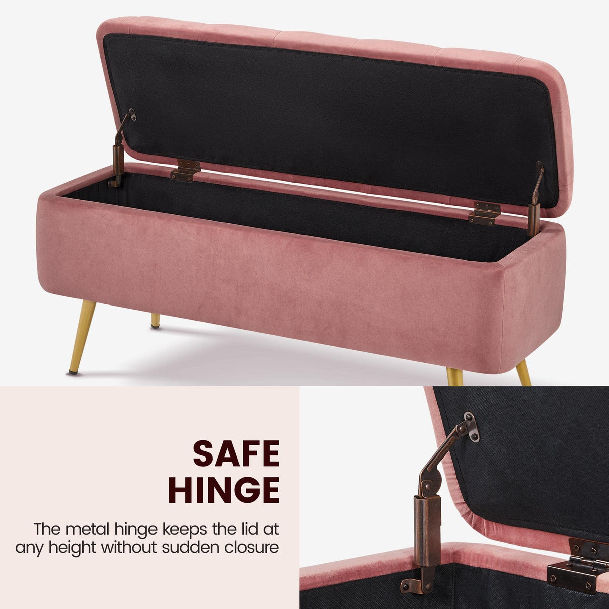 Yaheetech 42 Inches Ottoman with Floding Velvet Storage Bench Foot Stool for Living Room, Bedroom, Entryway Pink Yaheetech