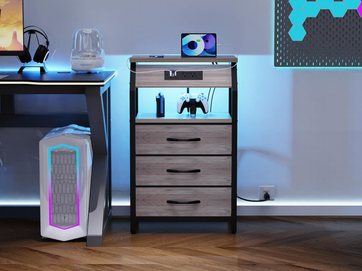 SZLHANJZ End Table with 3 Drawers, Night Stand with Charger Station and LED Lights, Small Nightstand with Fabric Storage, Farmhouse Side Table for Bedside, Living Room, Dorm, Greige SZLHANJZ