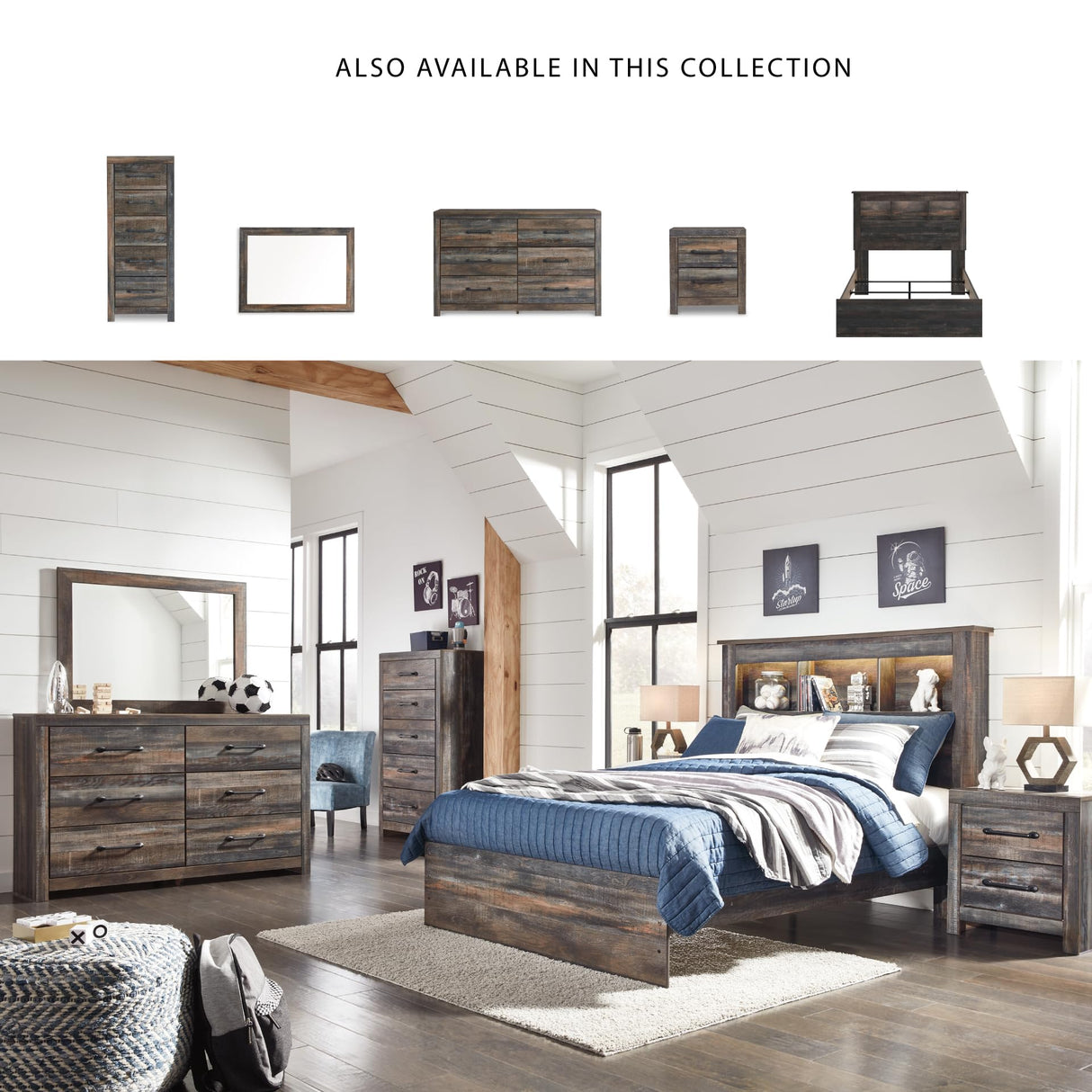 Signature Design by Ashley Drystan Rustic Full Bookcase Bed with Open Cubbies and LED Lights, Foundation or Box Spring Needed, Dark Brown & Gray Signature Design by Ashley