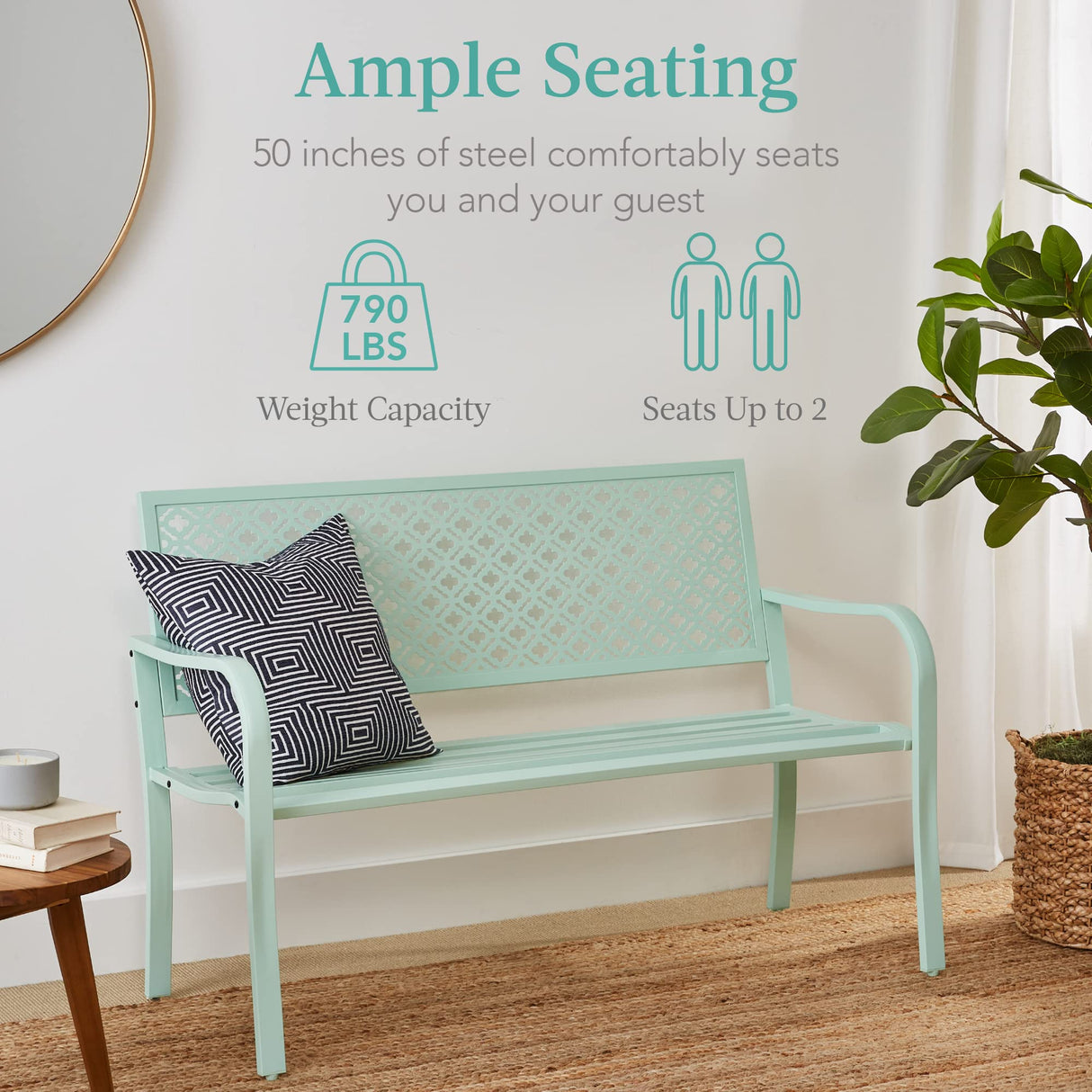 Best Choice Products Outdoor Bench 2-Person Metal Steel Benches Furniture for Garden, Patio, Porch, Entryway w/Geometric Backrest, 790lb Capacity - Mint Green Best Choice Products