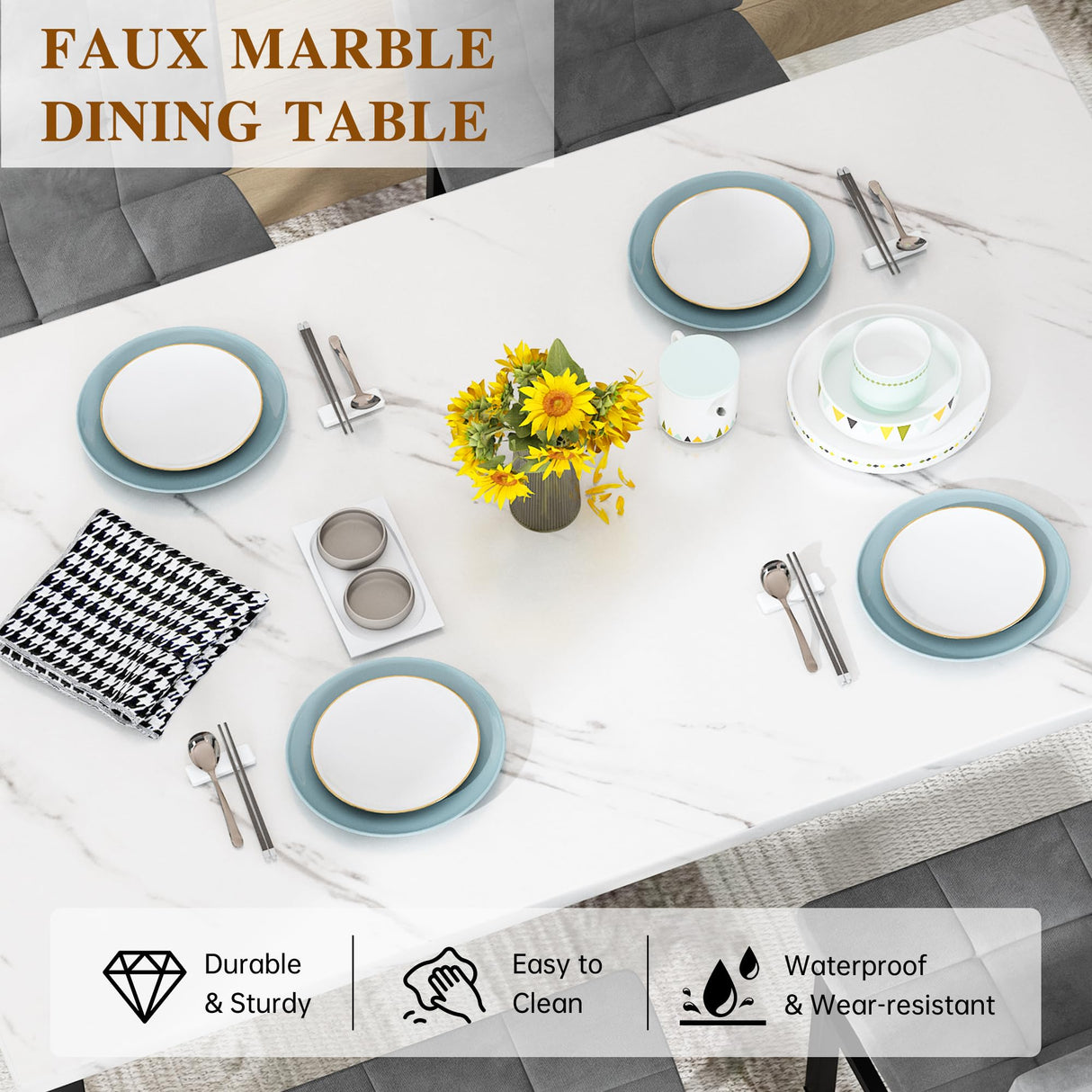 AWQM Dining Table Set for 4,Faux Marble Kitchen Table and Chairs Set of 4, Modern Dining Room Set for 4,Dinner Table Set with Velvet Chairs, Dining Set for Small Spaces,White & Grey AWQM