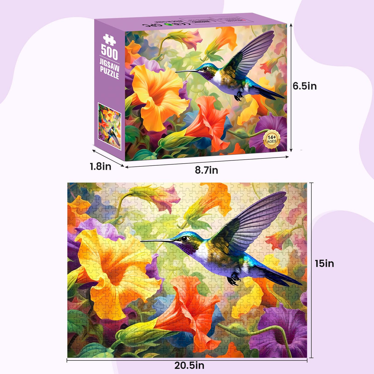 VOLUVOLU 500 Piece Puzzle for Adults, Jigsaw Puzzle,Flower Hummingbird Jigsaw Puzzles 500 Pieces Birthday Party for Family Kids and Adults Funny Puzzle for Adults VOLUVOLU