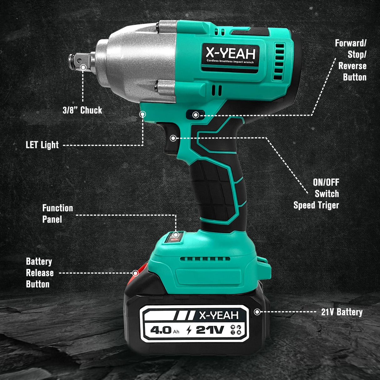 X-YEAH Cordless Impact Wrench - 1/2" Brushless Impact Gun, Max Torque 406 Ft-lbs(550N.m), with 21V 4.0Ah Li-ion Battery & Charger Kit in Case - Powerful and Portable X-YEAH