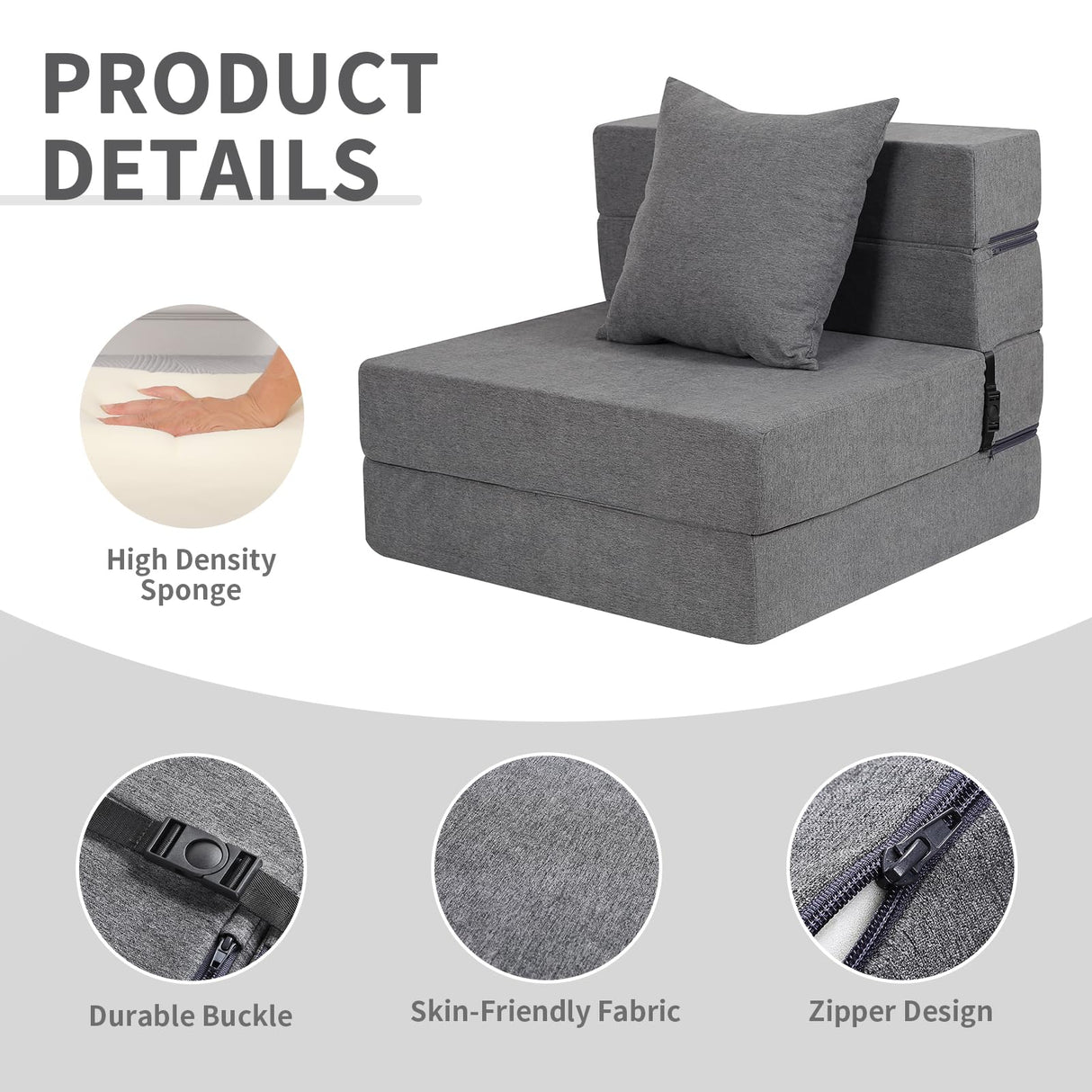 LOVMOC Folding Sofa Bed, High-Density Memory Foam Sofa Bed with a Fluffy Pillow, Floor Couch Guest Bed, Single Size, Dark Grey LOVMOC