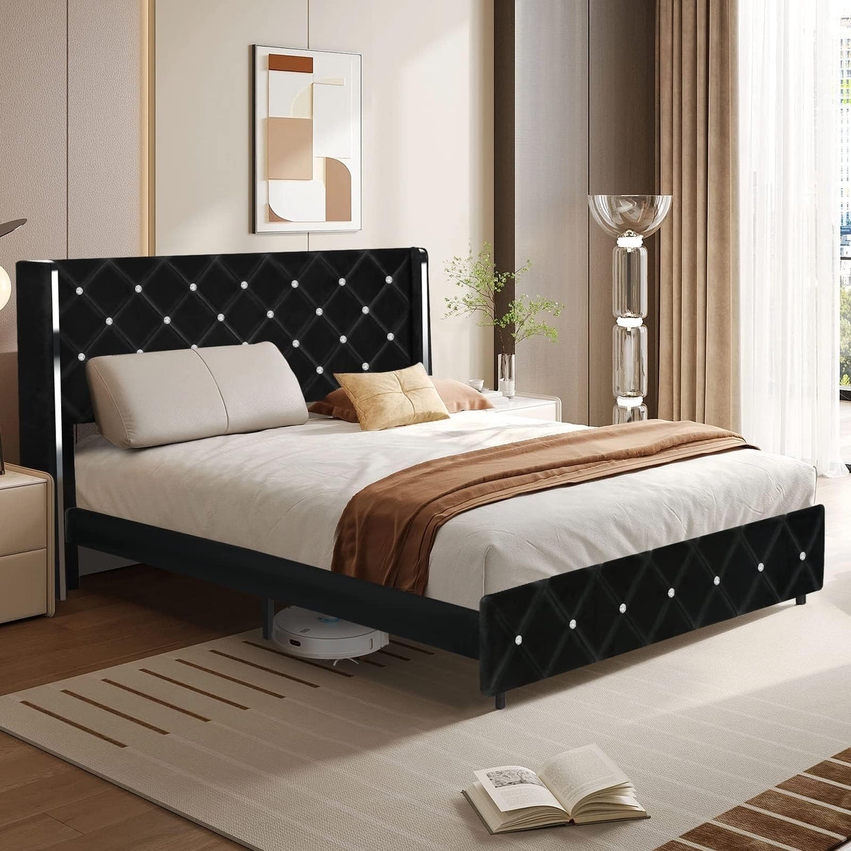 HOMBCK Queen Size Bed Frames with Headboard, Black Velvet Queen Bed Frame with Wingback, Upholstered Bed Frame with Diamond Headboard, Wood Slat Support, No Box Spring Needed, Easy Assembly HOMBCK